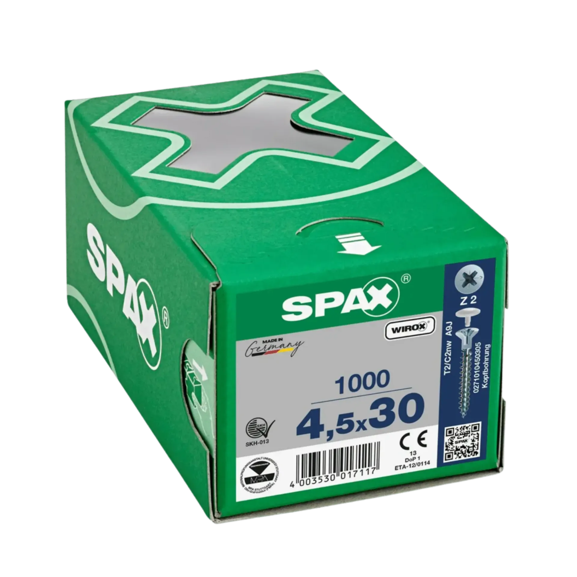 Houtschroef kopboring voldraad verzonken kop 4,5x30 PZ2 Wirox 1000st