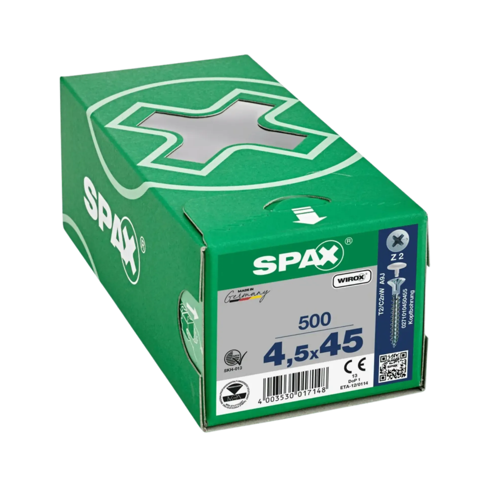 Houtschroef kopboring voldraad verzonken kop 4,5x45 PZ2 Wirox 500st