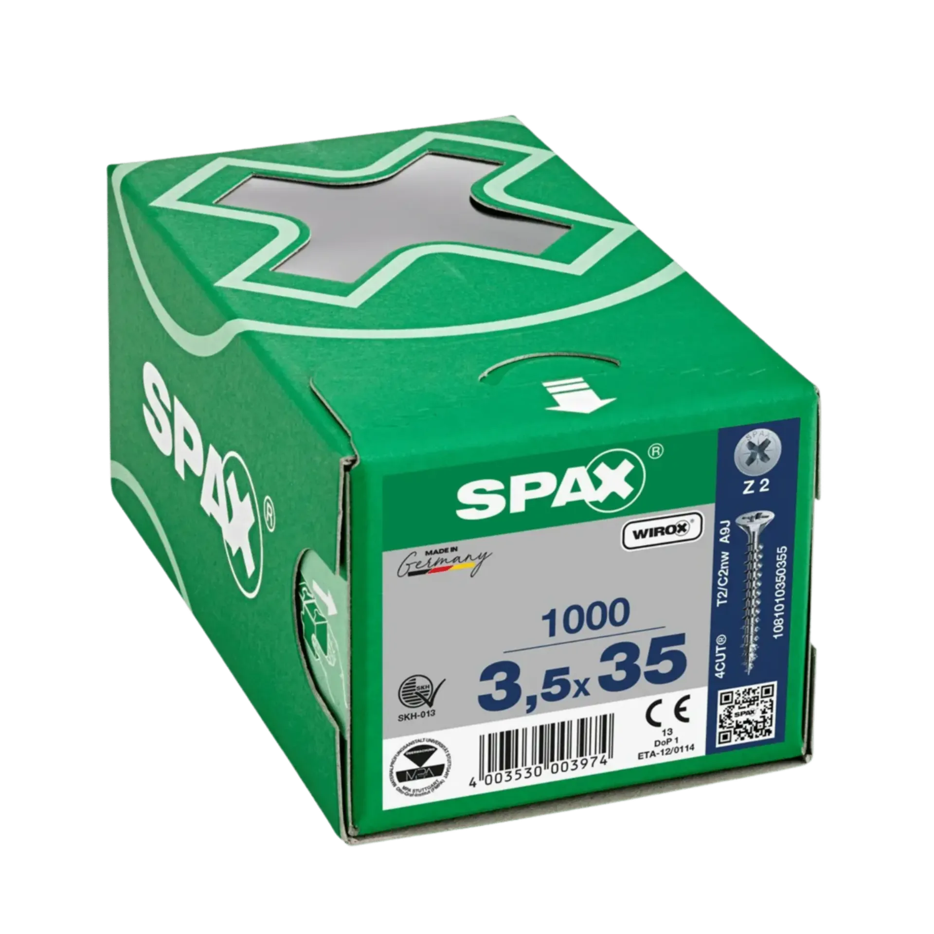 Houtschroef voldraad verzonken kop 3,5x35 PZ2 Wirox 1000st