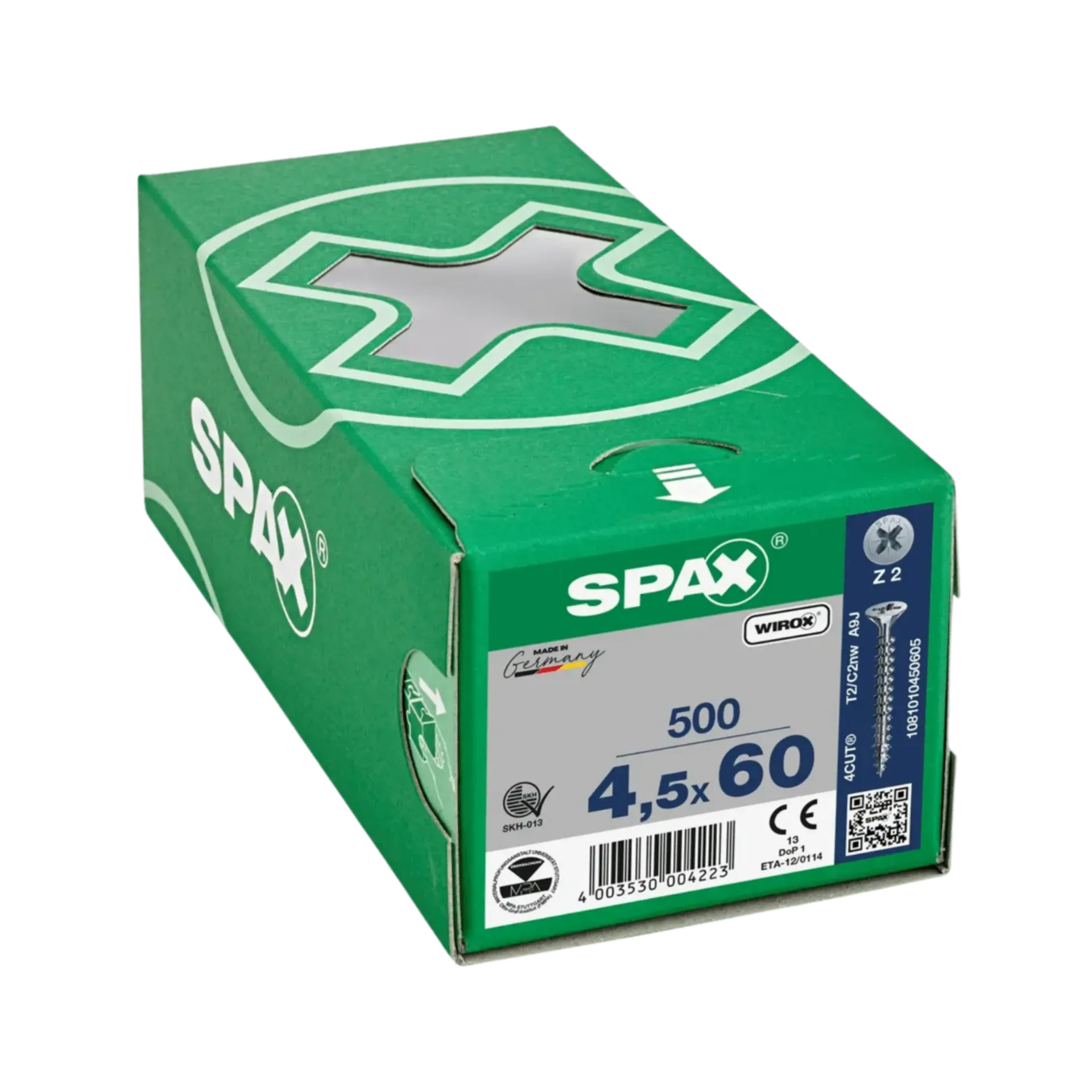 Houtschroef voldraad verzonken kop 4,5x60 PZ2 Wirox 500st