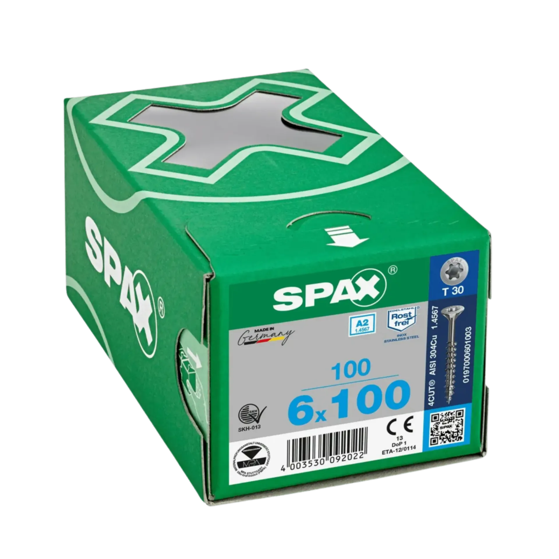 Houtschroef deeldraad verzonken kop 6,0x100/61mm TX20 inox A2 100st