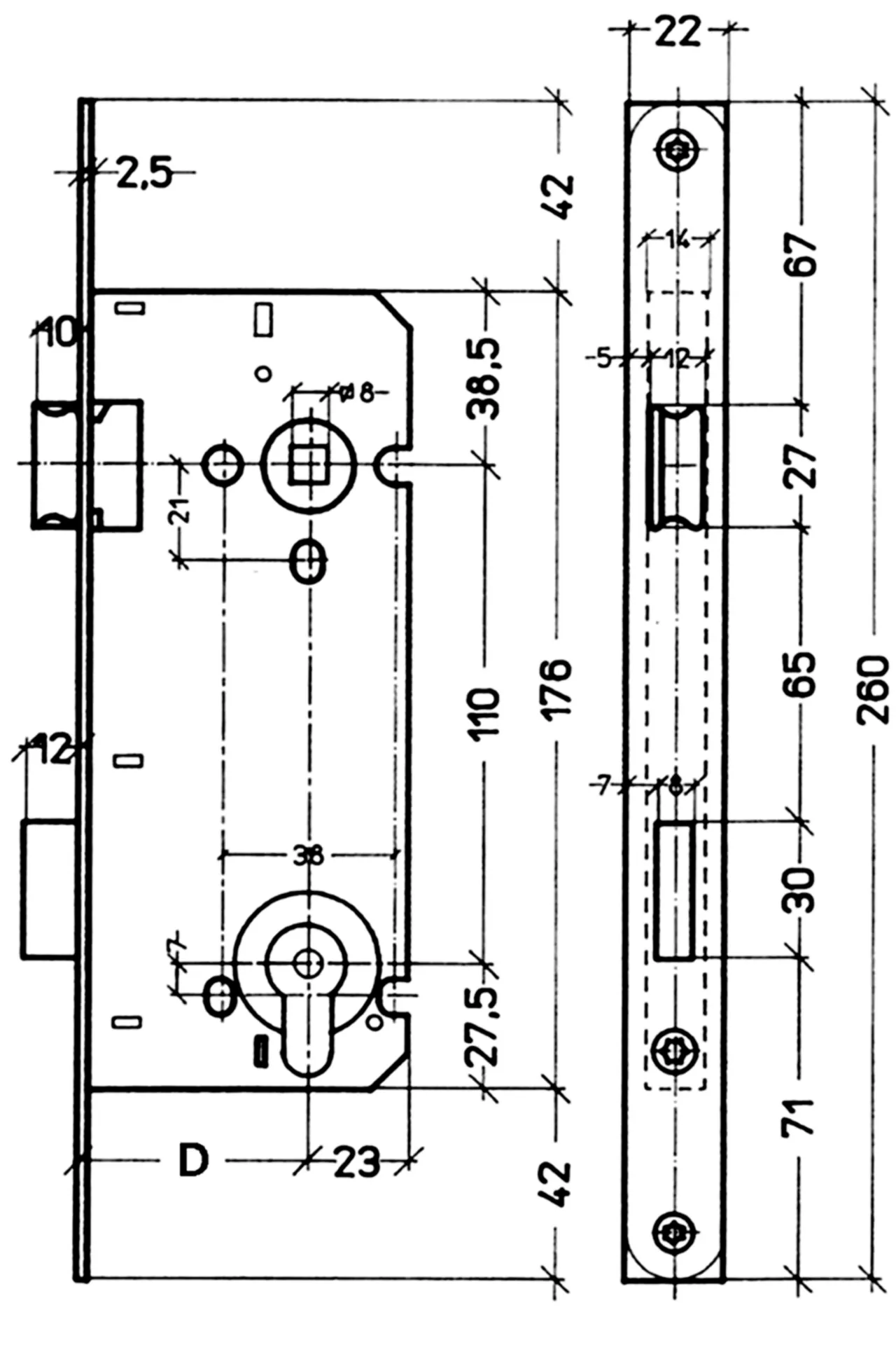 Dag-nachtslot PZ A2653.21 - 55/110 - afgeronde voorplaat gelakt 22 x 260 mm zndr tegenplaat omkeerbr