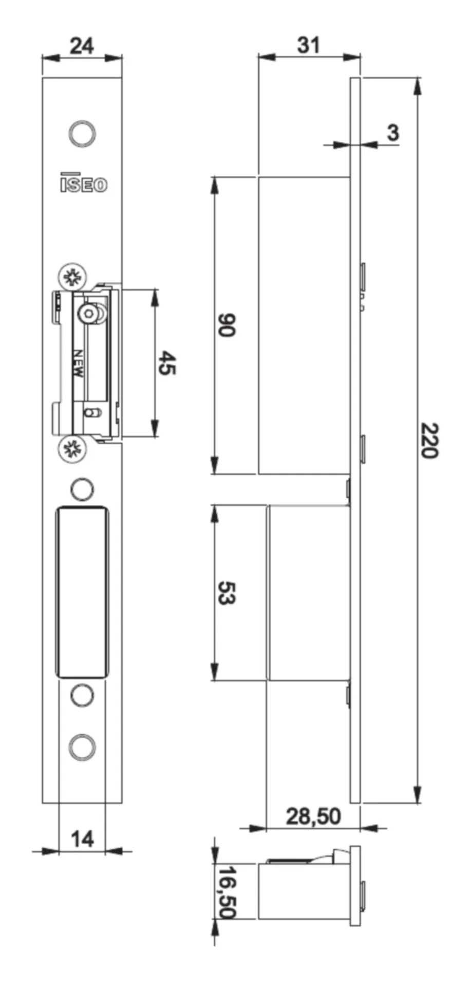 033240 ISEO GACHE ELECT AVEC BLOC INOX F24X3 X220 DIN G