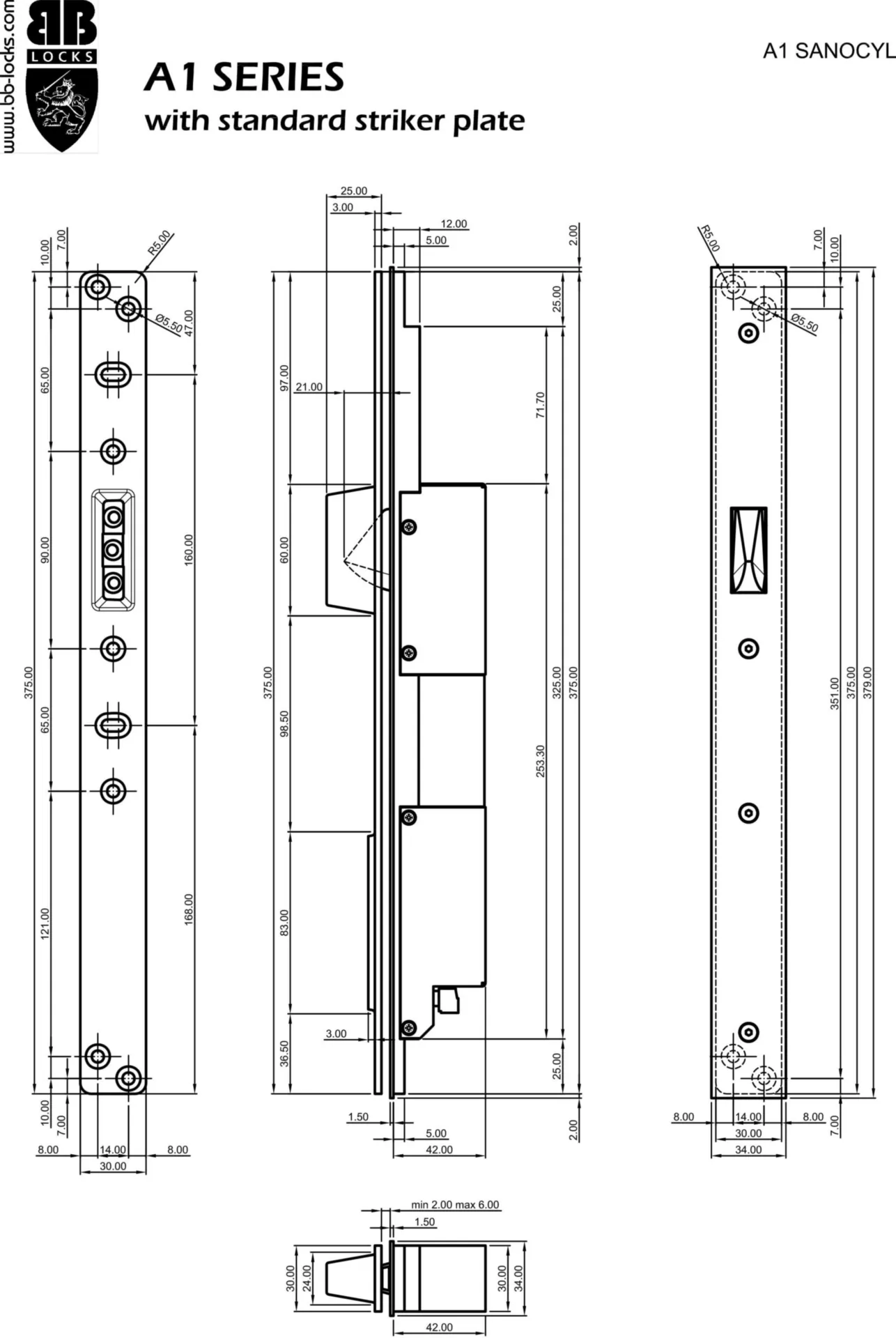 B and B Locks A1BSANOCYL-SSP serrure de sécurité électrique (sans cylindre, gâche plate)