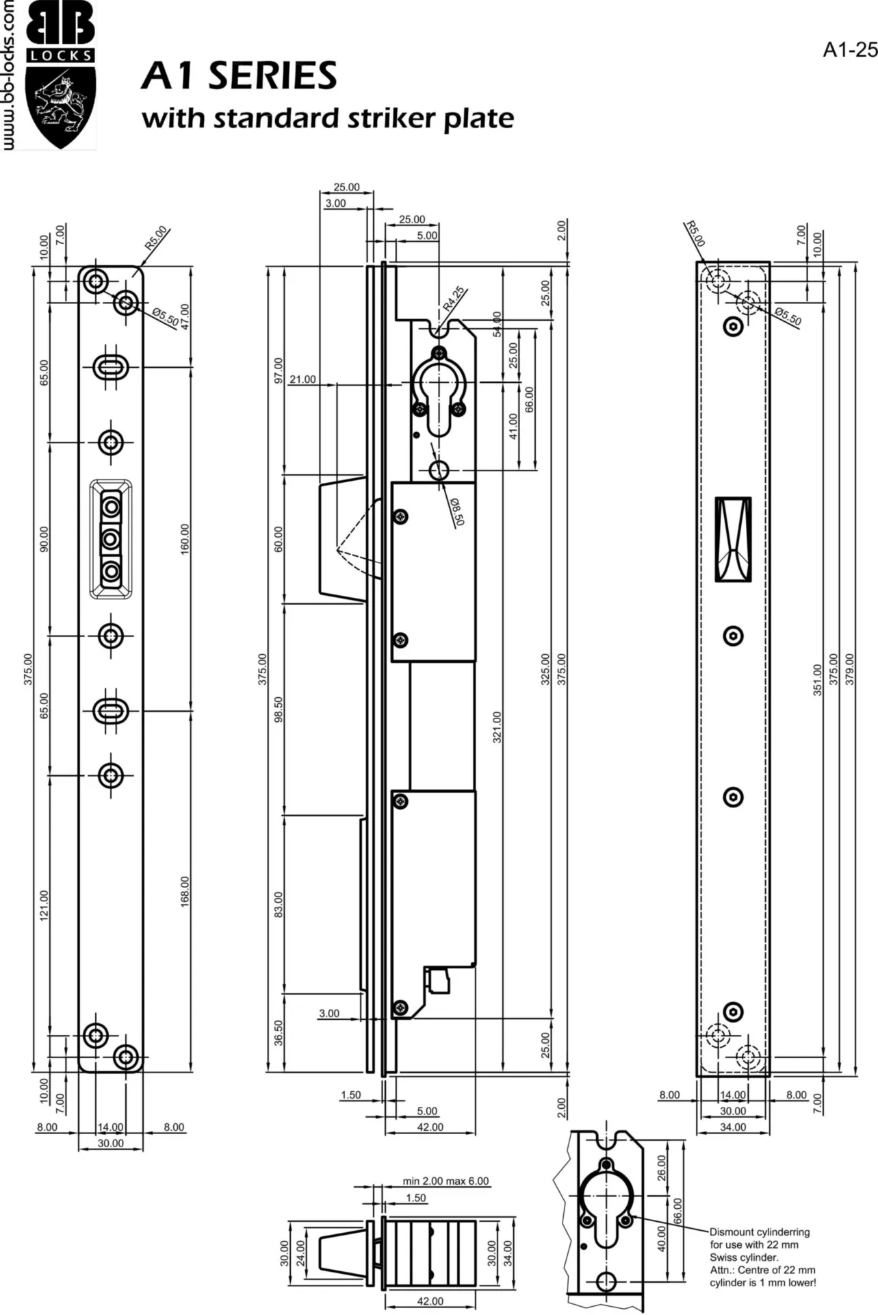 B&B Locks A1B25SX-SSP elektrisch veiligheidsslot (25 mm doornmaat, platte sluitplaat)