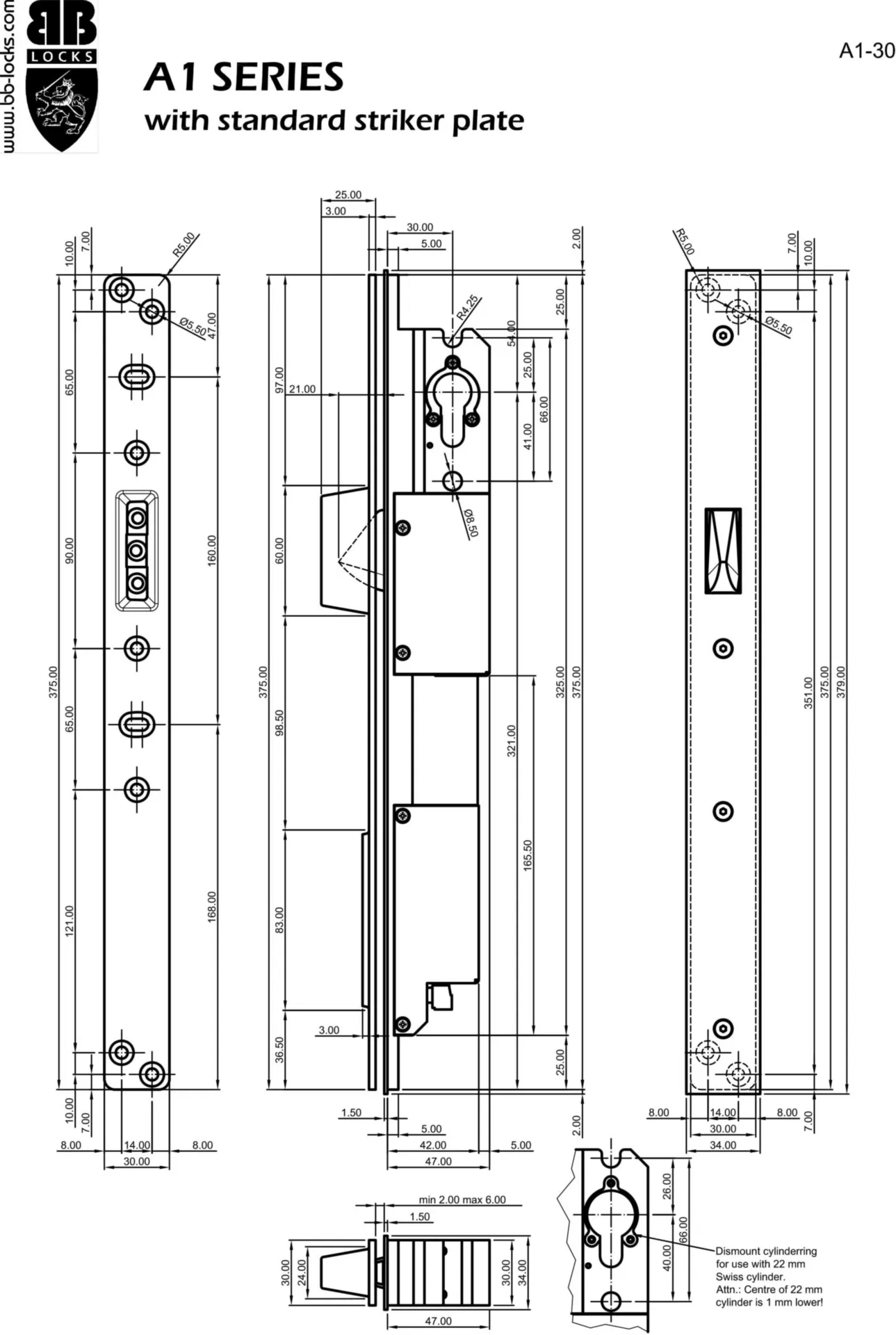 B&B Locks A1B30SA-SSP elektrisch veiligheidsslot (30 mm doornmaat, platte sluitplaat)