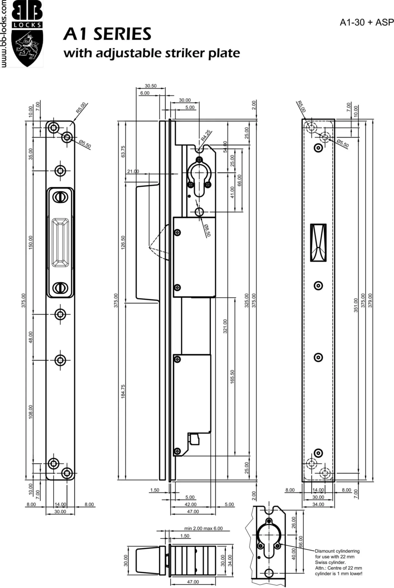 B&B Locks A1B30SX-ASP elektrisch veiligheidsslot (regelbare sluitplaat, doornmaat 30 mm)