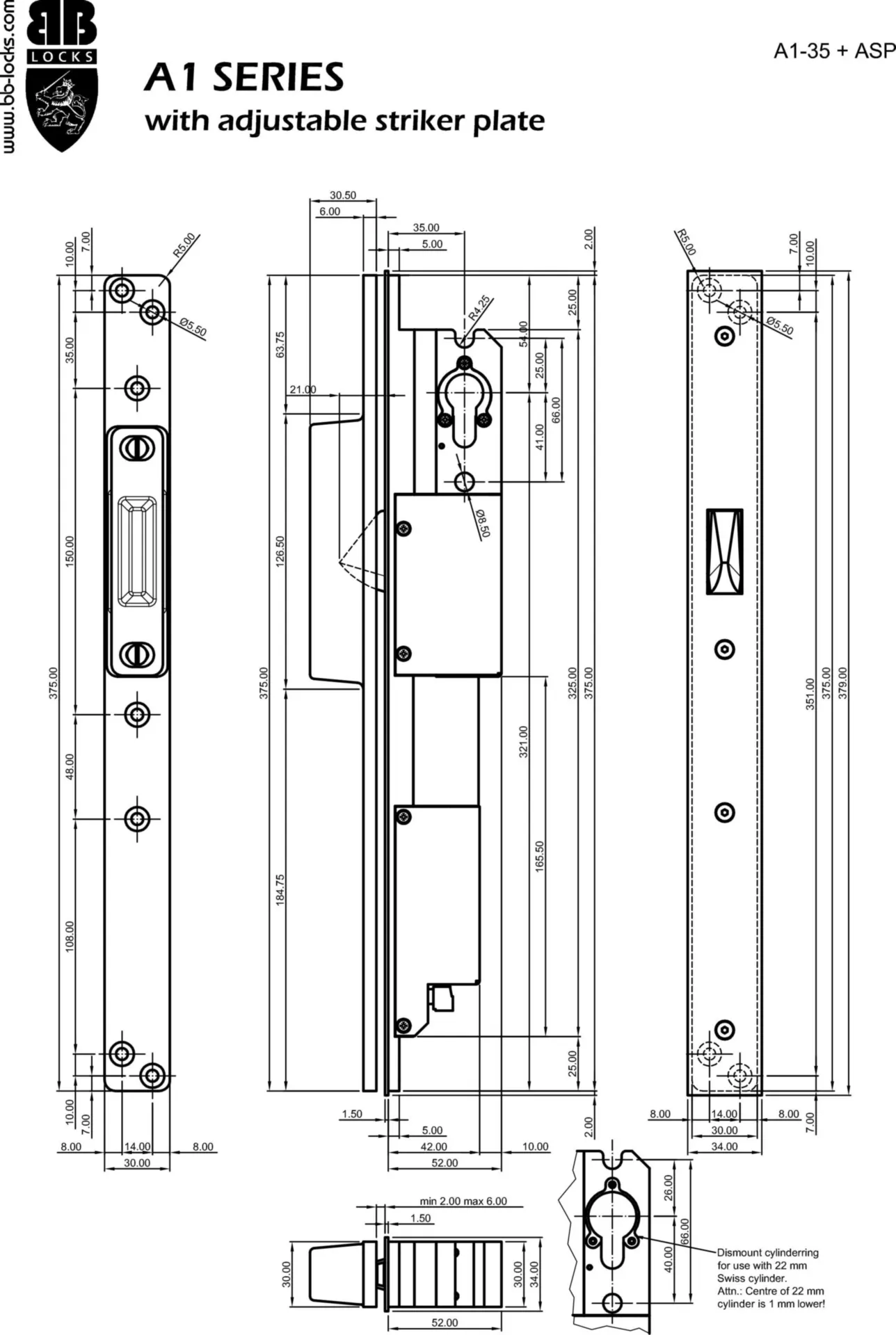 B and B Locks A1B35SX-ASP serrure de sécurité électrique (entrée 35 mm, gâche réglable)