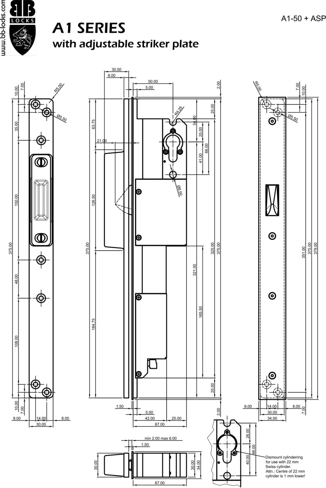 B&B Locks A1B50SX-ASP elektrisch veiligheidsslot (SX, doornmaat 50 mm, regelbare sluitplaat)