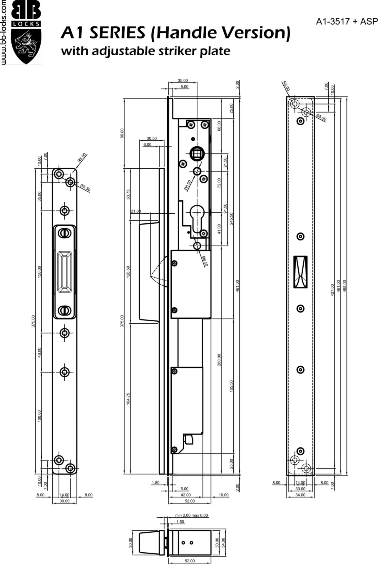 B and B Locks A1B3517HX-ASP serrure de sécurité électrique HX (entrée 35 mm, gâche réglable)