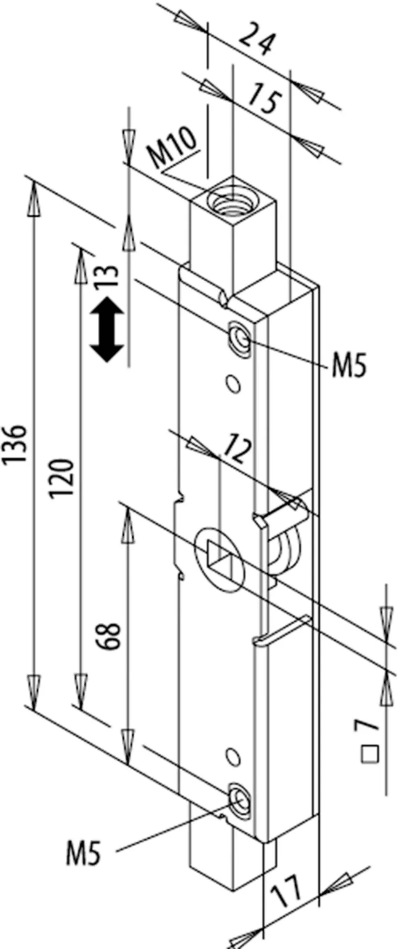 BASKÜLE- KANTRIEGEL - 7MM NUSS - M10 FÜR STANGEN 13MM