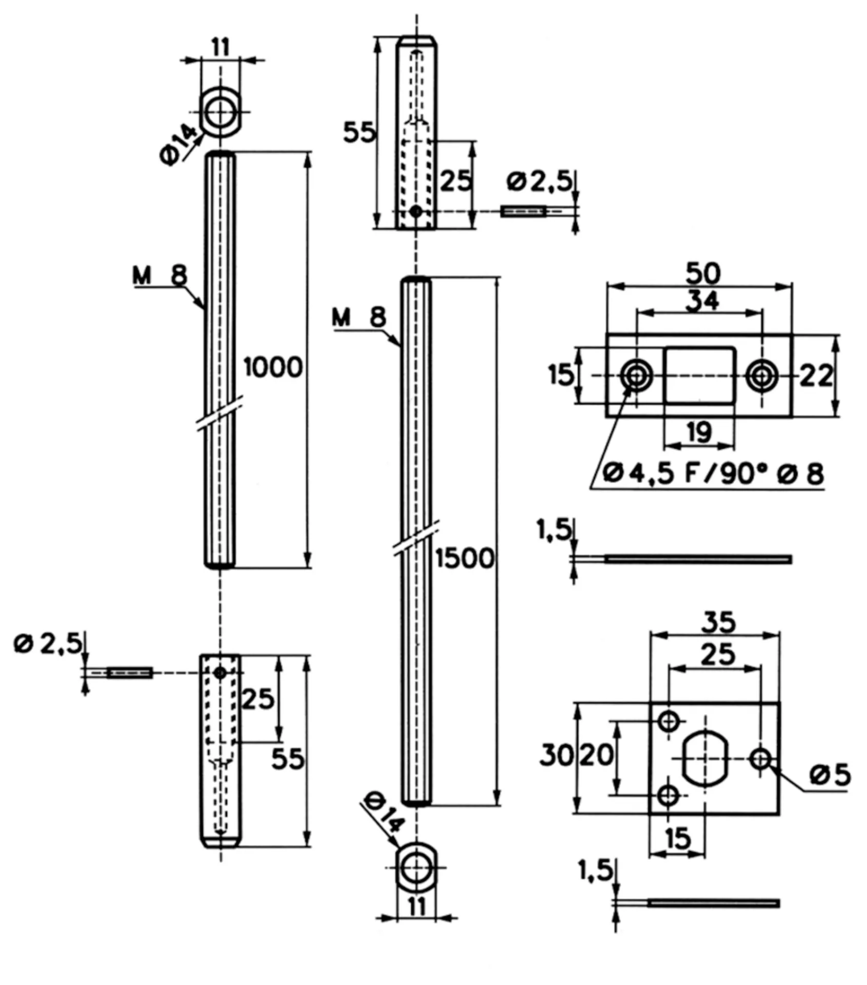 Stremler Jeu de tringle 2837.00.0 pour 1233.30.0 (1 x 1000 mm + 1 x 1500 mm x 8 mm)
