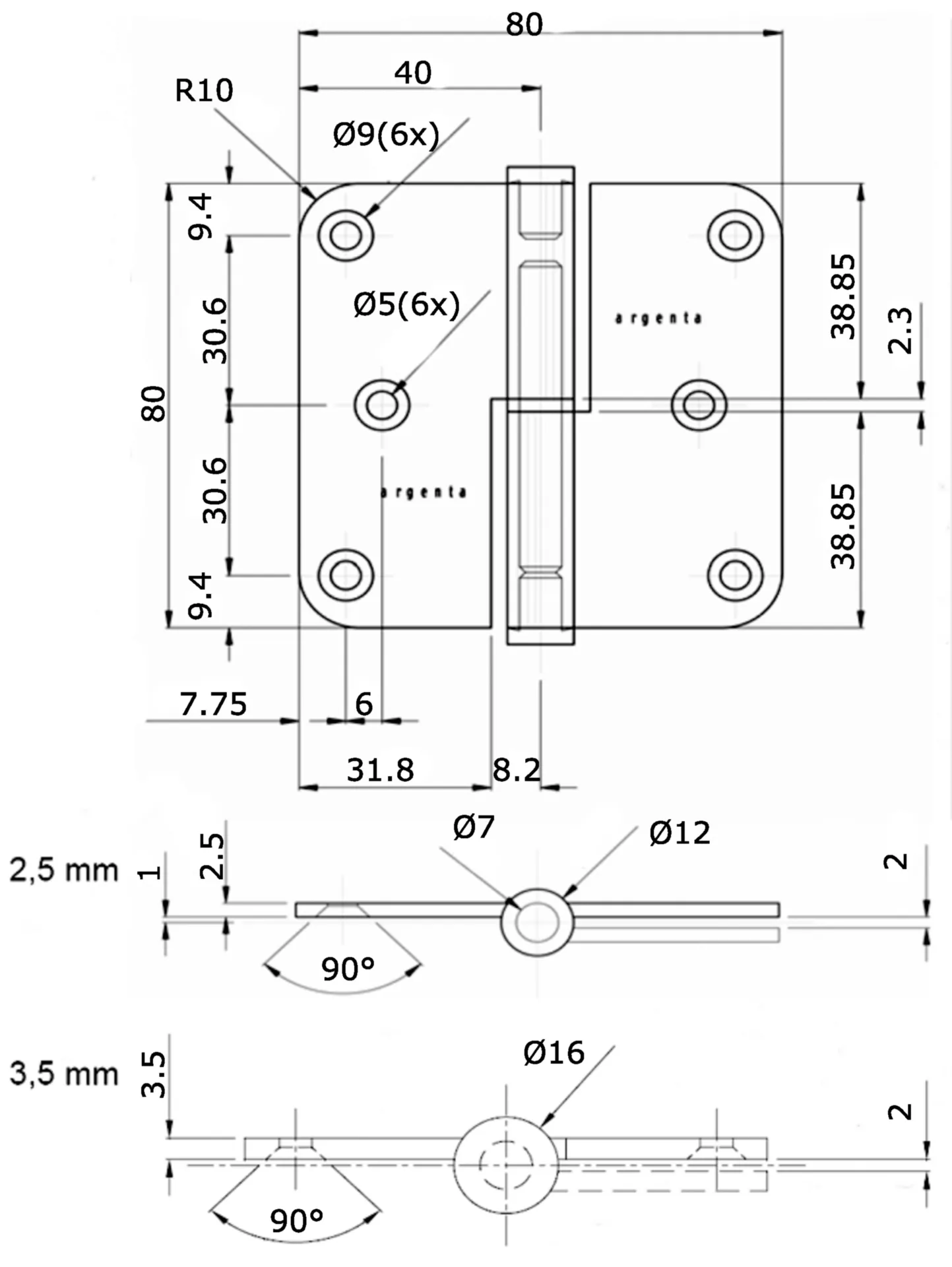 Paumelle 80x80mm Gauche Fini Dia 12mm Épaisseur 2,5mm Inox 201
