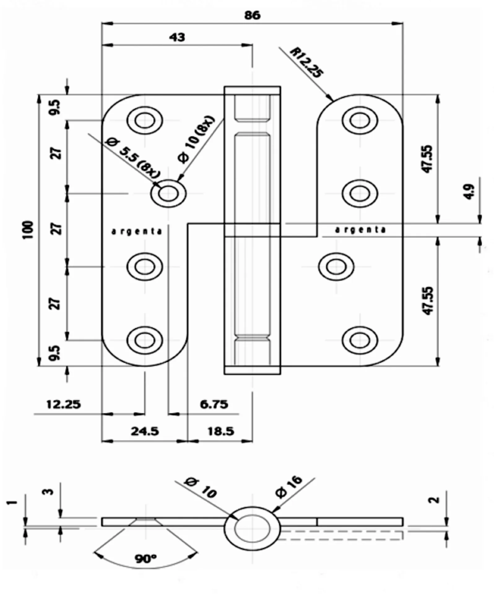 Paumel 100x86mm Open LS Afg. Dia 16mm Bladdikte 3mm Inox 201
