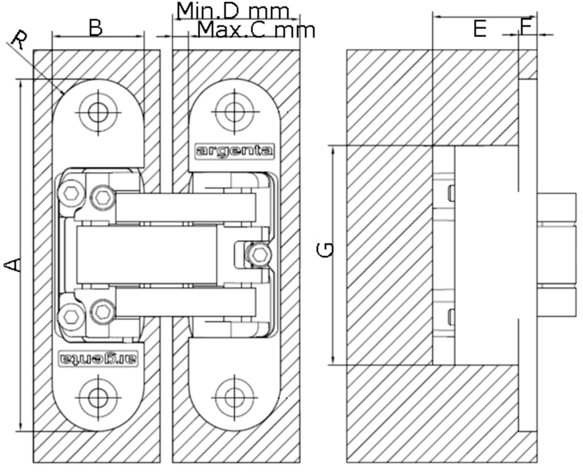 Charnière invisible Invisible Small jusqu'à 65kg GS/DS Chrome mat
