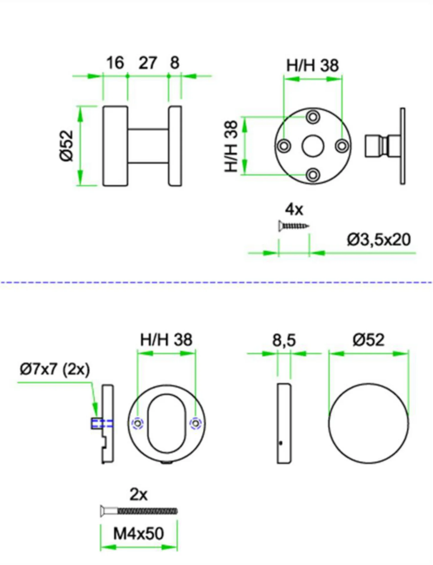 AFDEKROSAS ARTITEC PROLINE IFV. DOORGAANDE BEVESTIGING KNOP 97802 RVS MAT