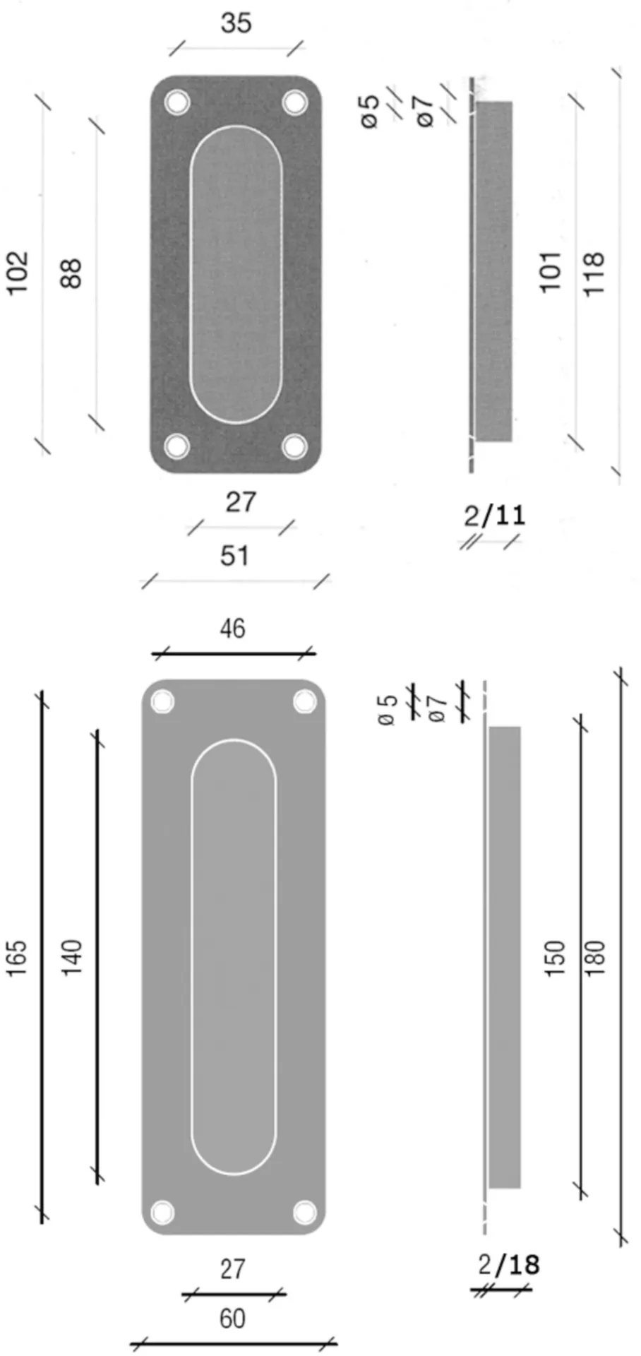 TL0603 - CUVETTE A COINS ARRONDIS TL H118MM L51MM - 4 TROUS DE VIS - INOX