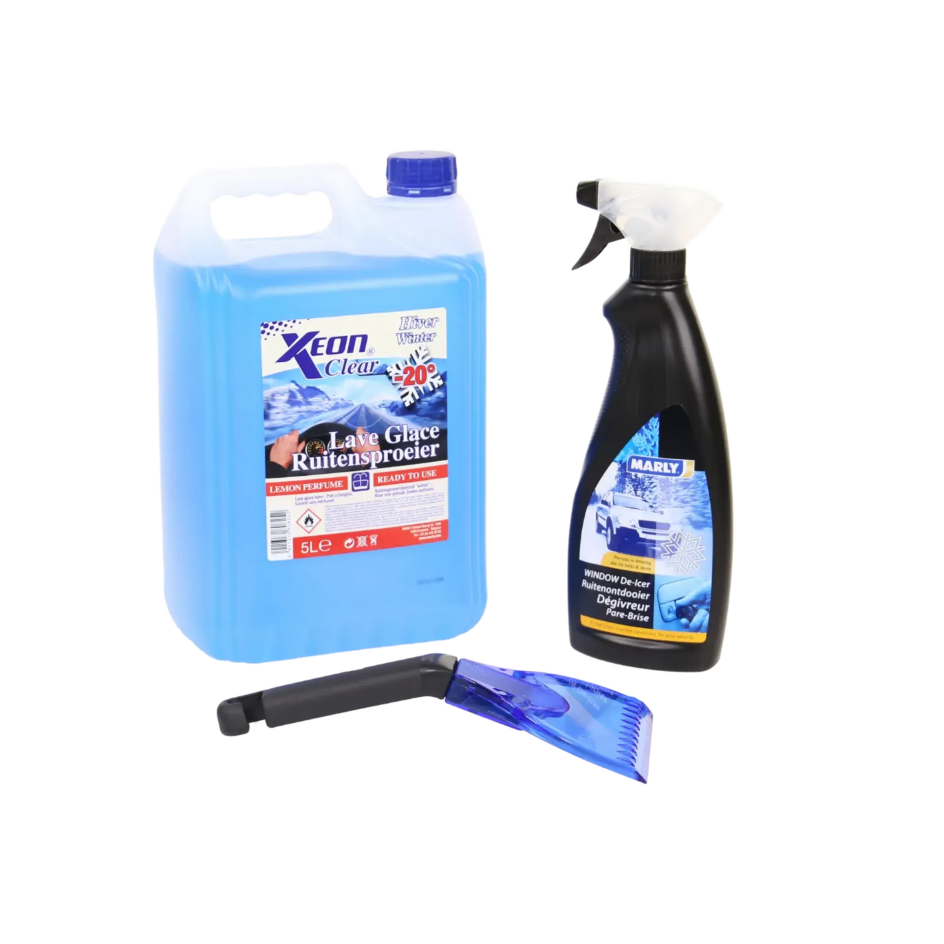 Kit hiver : DE-ICER 500 ml + grattoir + liquide lave-glace 5l Kit hiver : DE-ICER 500 ml + grattoir + liquide lave-glace 5l