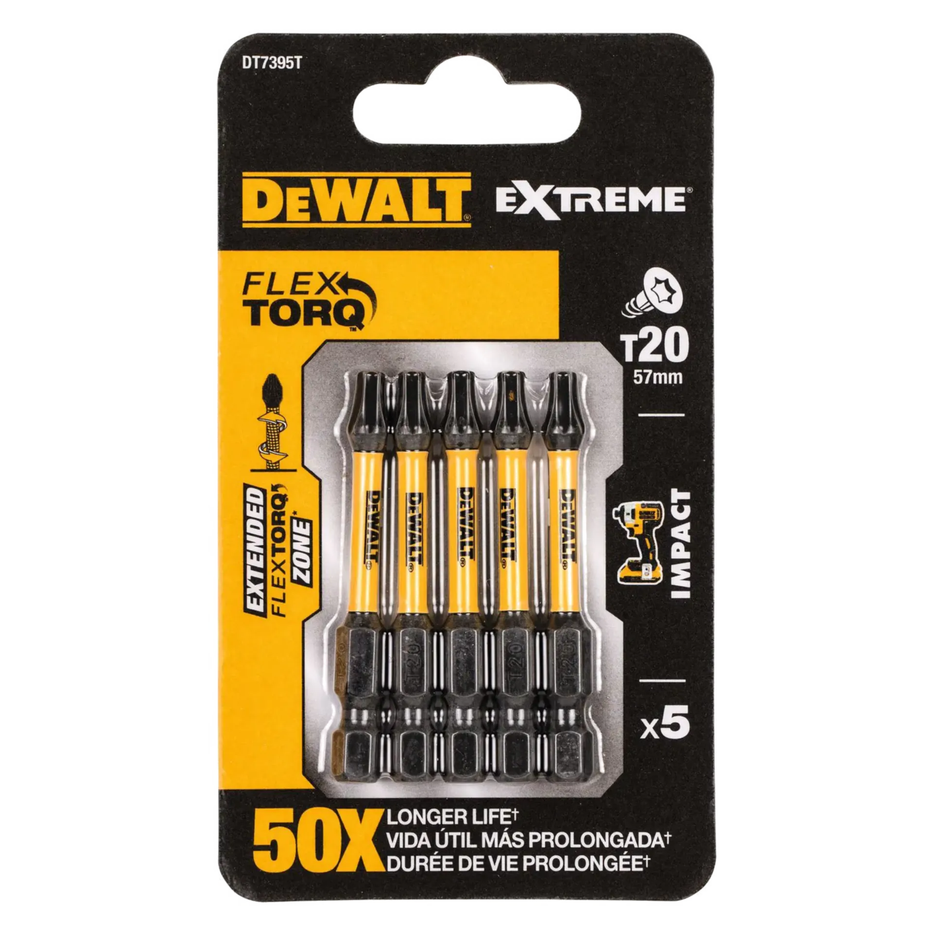 Set (5) Set D'Embouts À Choc Extreme Impact Torx Tx20 X 50 mm Dt7395T-Qz