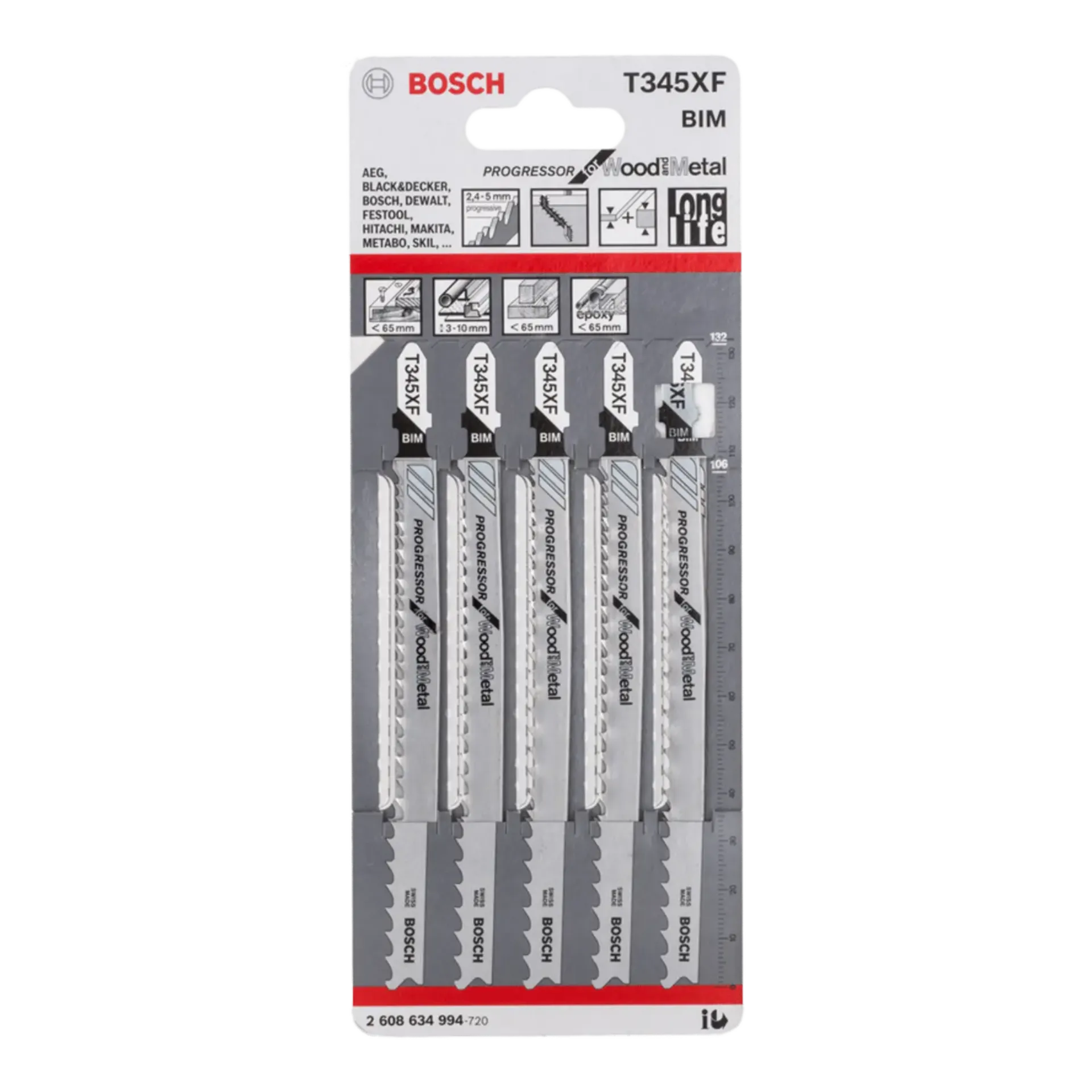 Bosch T 345XF Lames de scie sauteuse Progressor BIM (pour bois et métal, 106 mm)