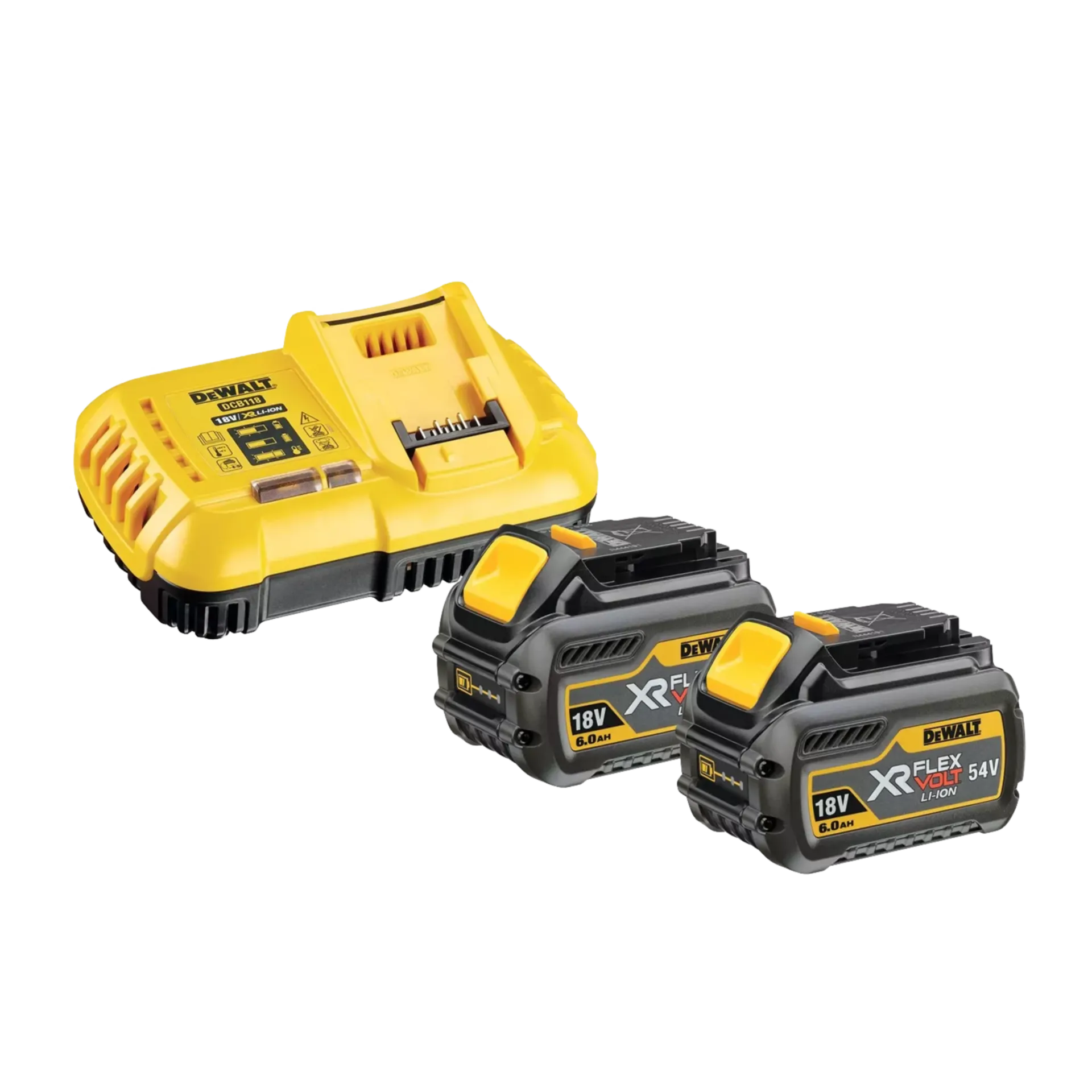 Batterijset 54 V DCB118T2 FLEXVOLT : DCB546 : 2 X 6 Ah Li-ion + Lader Batterijset 54 V DCB118T2 FLEXVOLT : DCB546 : 2 X 6 Ah Li-ion + Lader