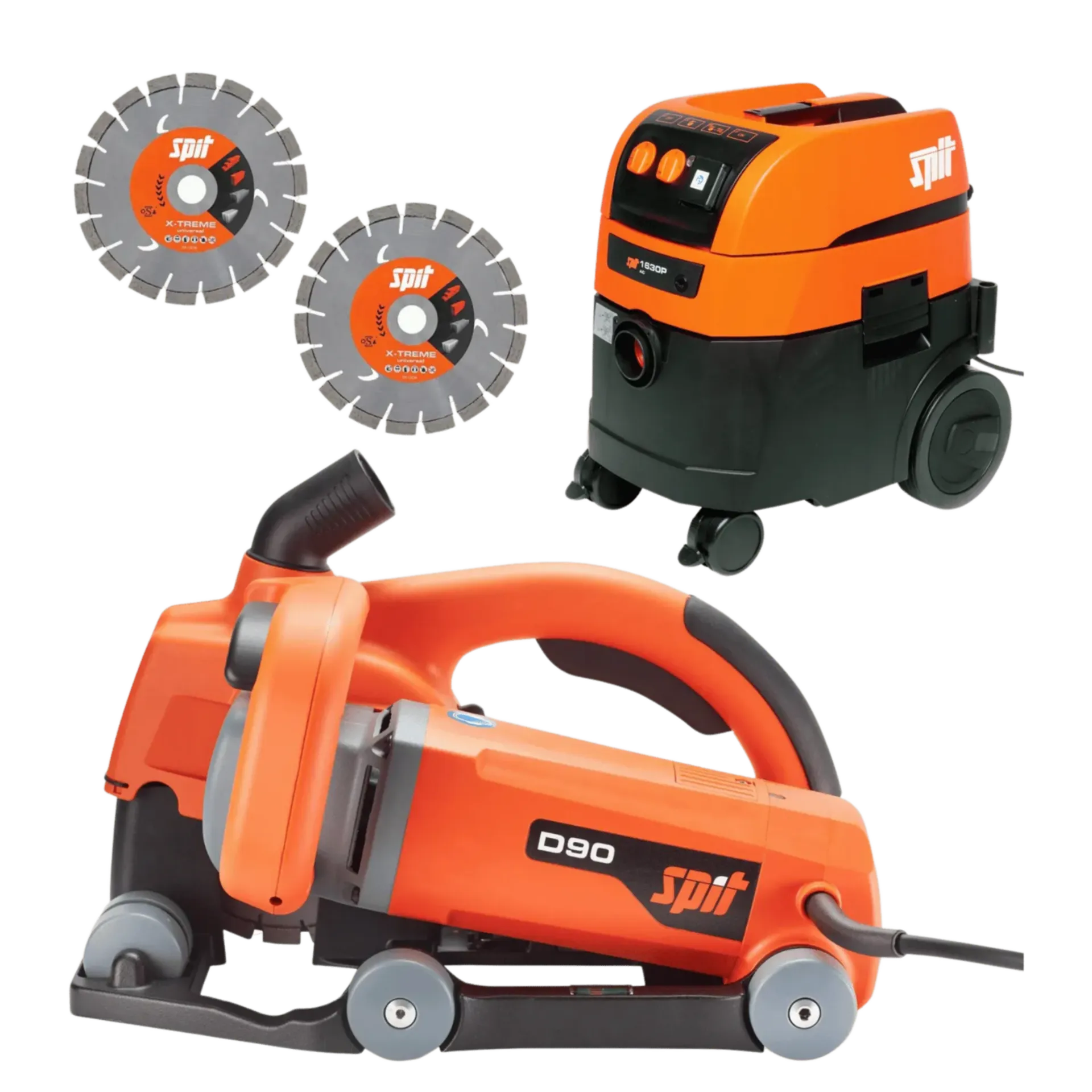 Set met sleufmachine D90 (2500W) + 2 diamantzagen + stofzuiger AC1630P Set met sleufmachine D90 (2500W) + 2 diamantzagen + stofzuiger AC1630P