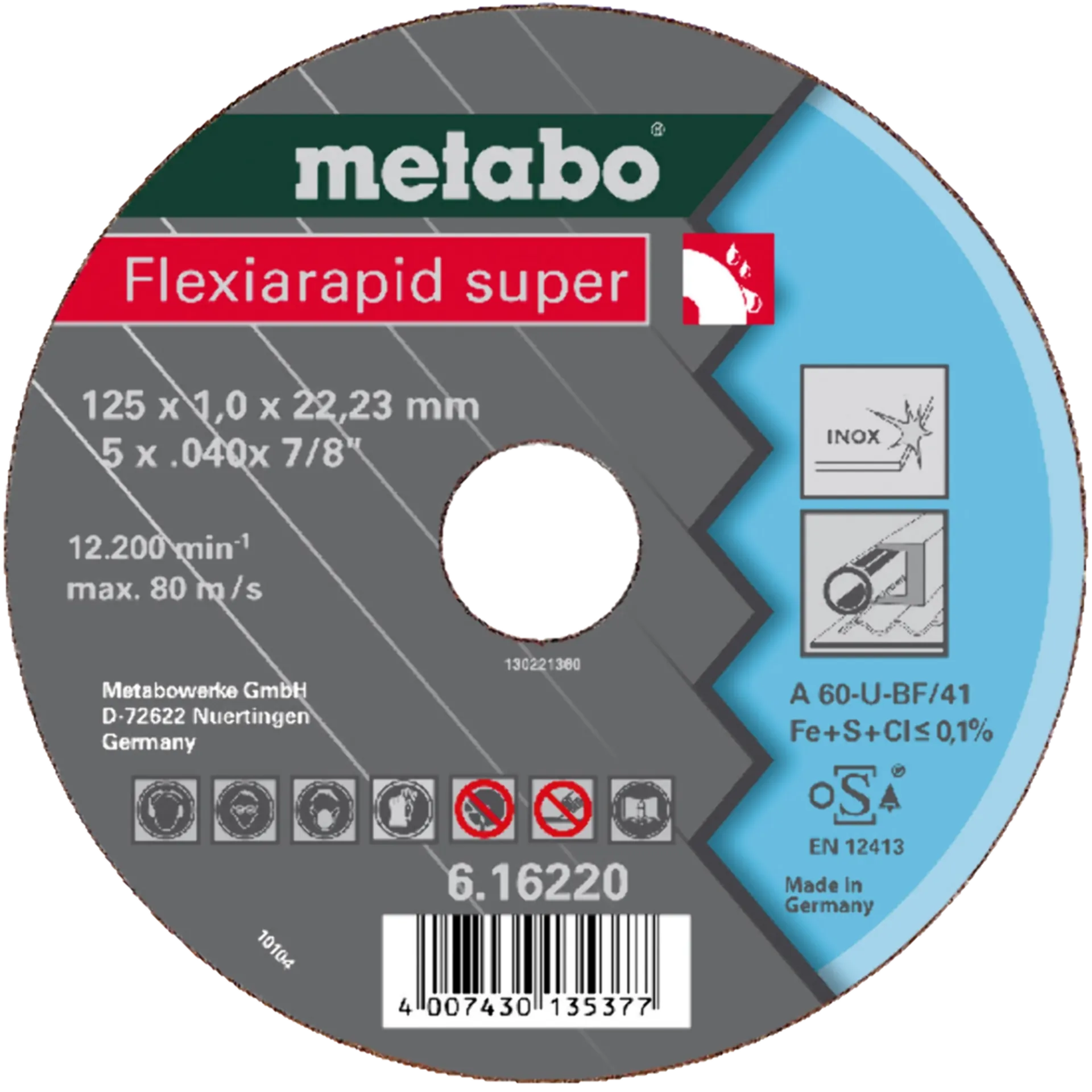 Meule De Tronçonnage 125X1.0X22 Inox + Acier - 616220000 Meule De Tronçonnage 125X1.0X22 Inox + Acier - 616220000