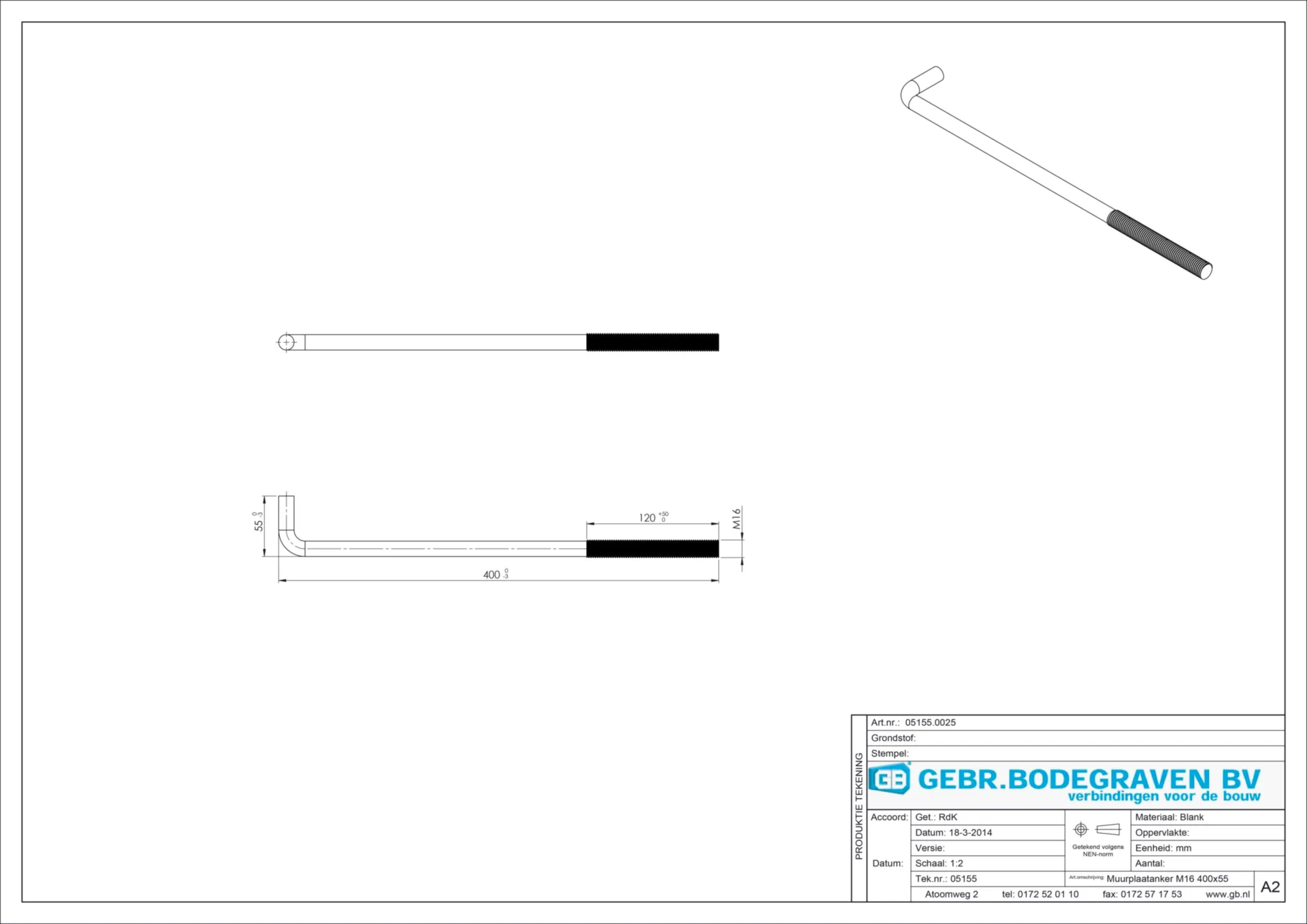 05155 MUURPLAATANKER M16 400X55 DL120 (DS=25STK)