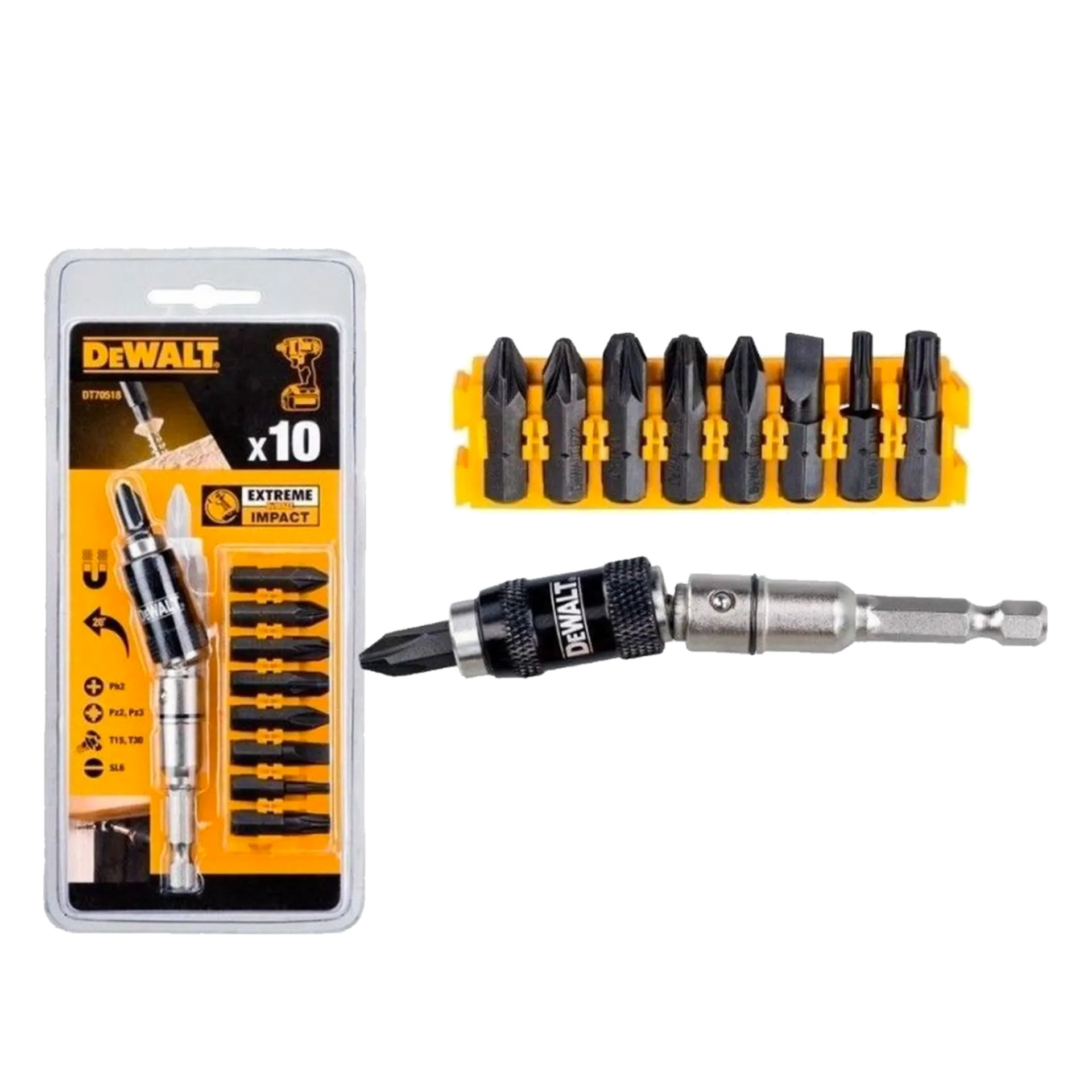 DT70518-QZ Impact Torsion Zwenkbare bithouder met schroefbits 10-delig DT70518-QZ Impact Torsion Zwenkbare bithouder met schroefbits 10-delig