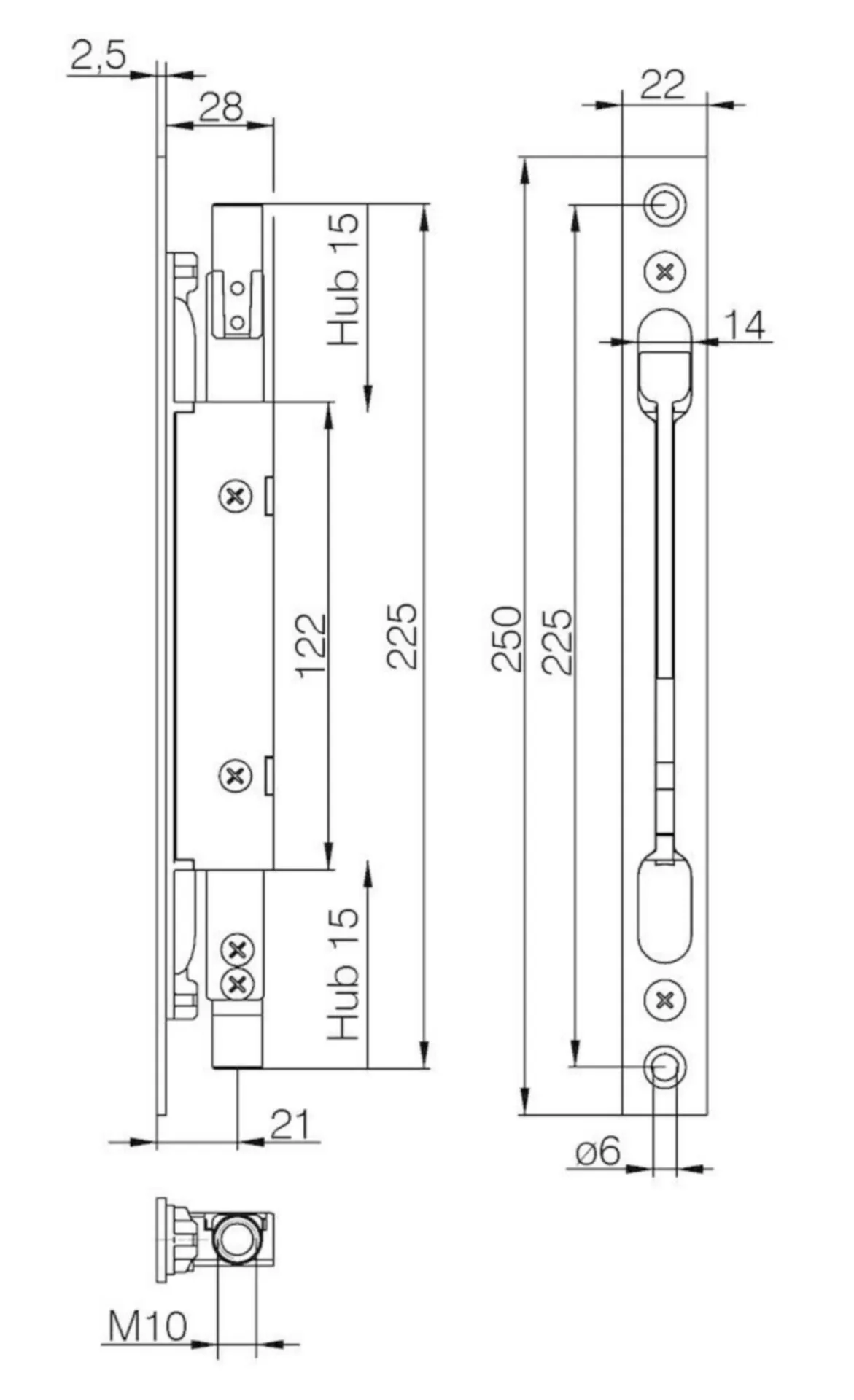 CENTRALE KANTGRENDEL DENI 21MM DOORN -VOORPL 250X22X2.5MM INOX VOOR STANG Ø10MM