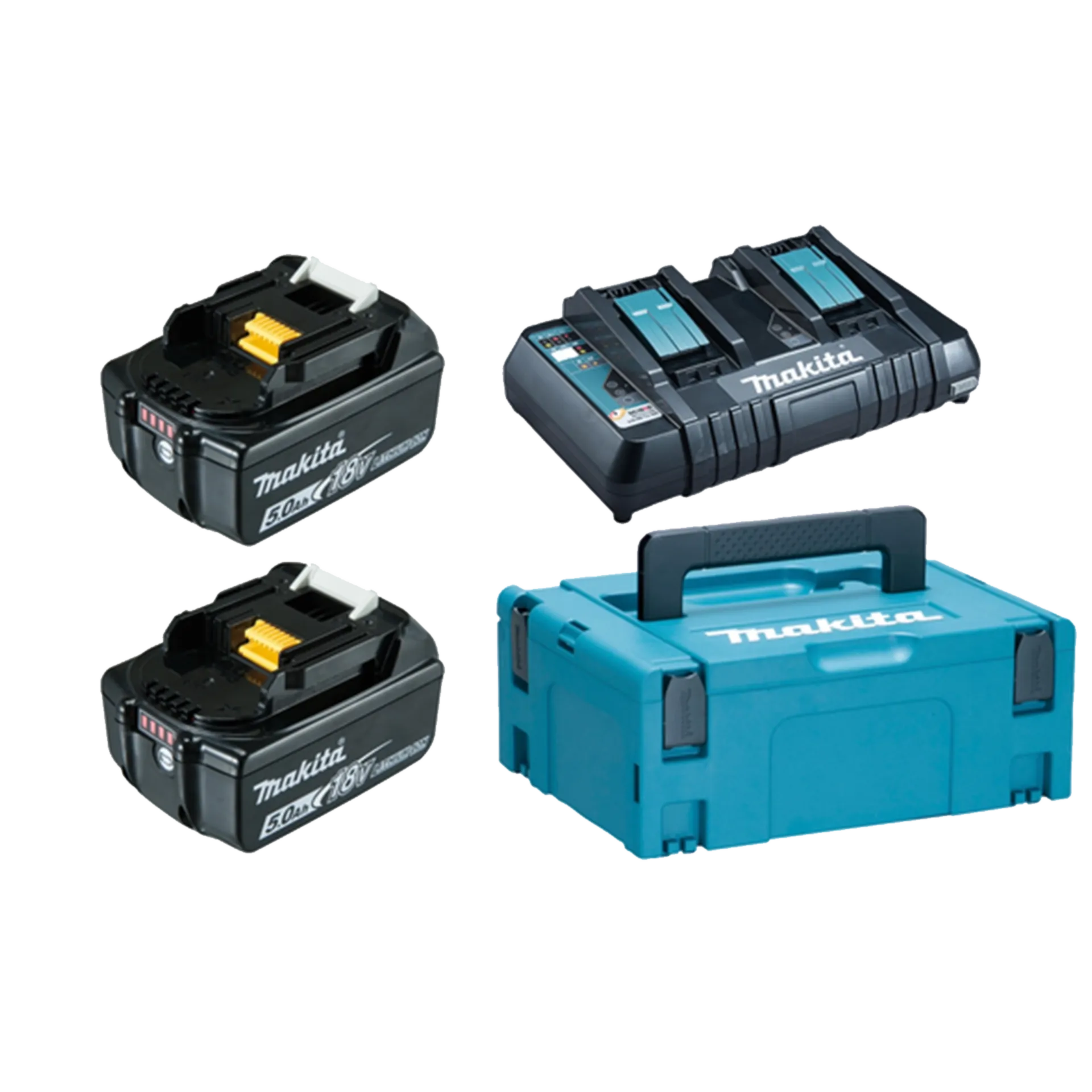Set de batteries BL18150B (2 x 5 Ah Li-ion + chargeur duo DC18RD) Set de batteries BL18150B (2 x 5 Ah Li-ion + chargeur duo DC18RD)