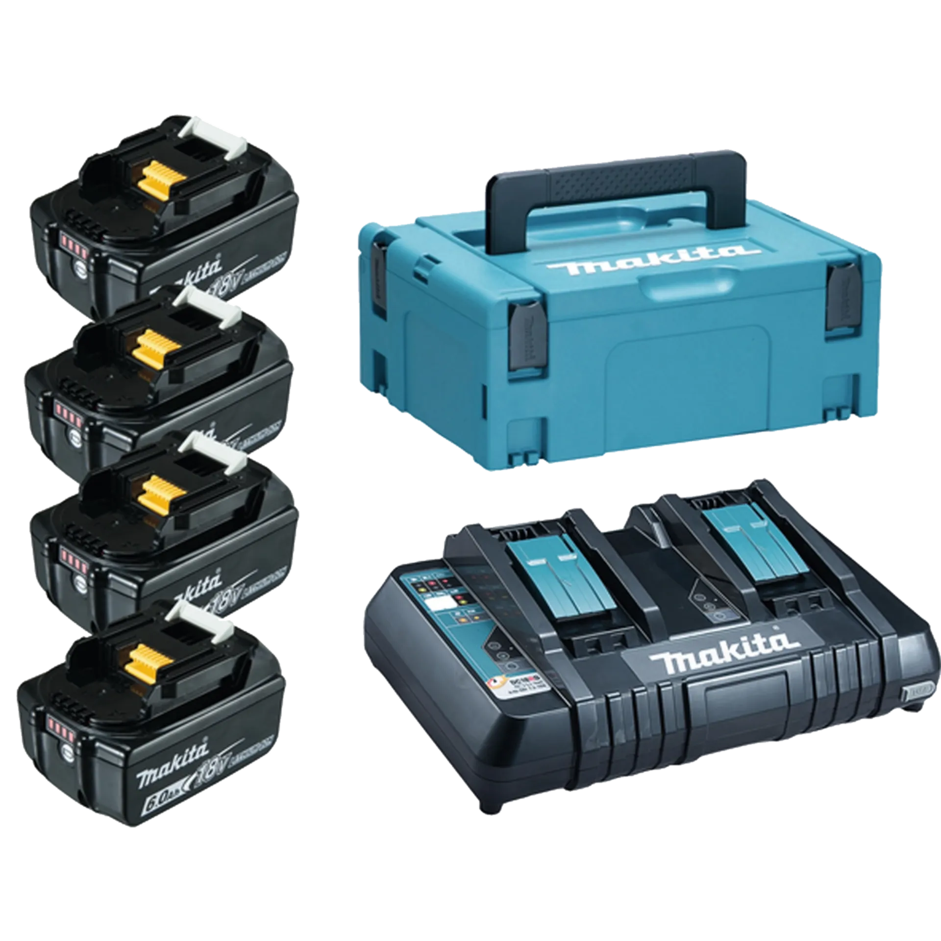 Set de Batteries 18 V : BL1860B : 4 X 6 Ah Li-ion + Double Chargeur DC18RD Set de Batteries 18 V : BL1860B : 4 X 6 Ah Li-ion + Double Chargeur DC18RD