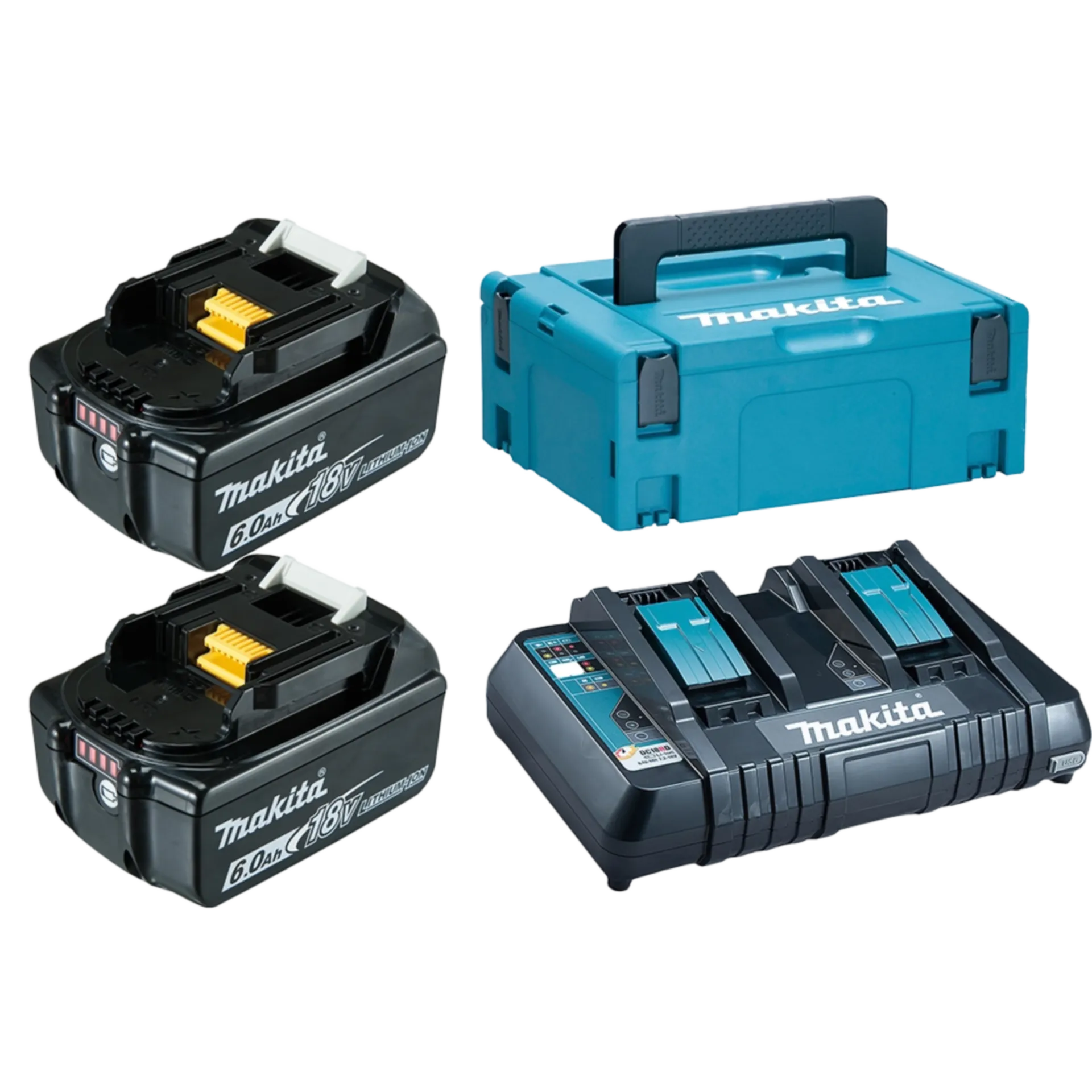 Set de Batteries 18 V : BL1860B : 2 x 6 Ah Li-ion + Chargeur Duo DC18RD Set de Batteries 18 V : BL1860B : 2 x 6 Ah Li-ion + Chargeur Duo DC18RD