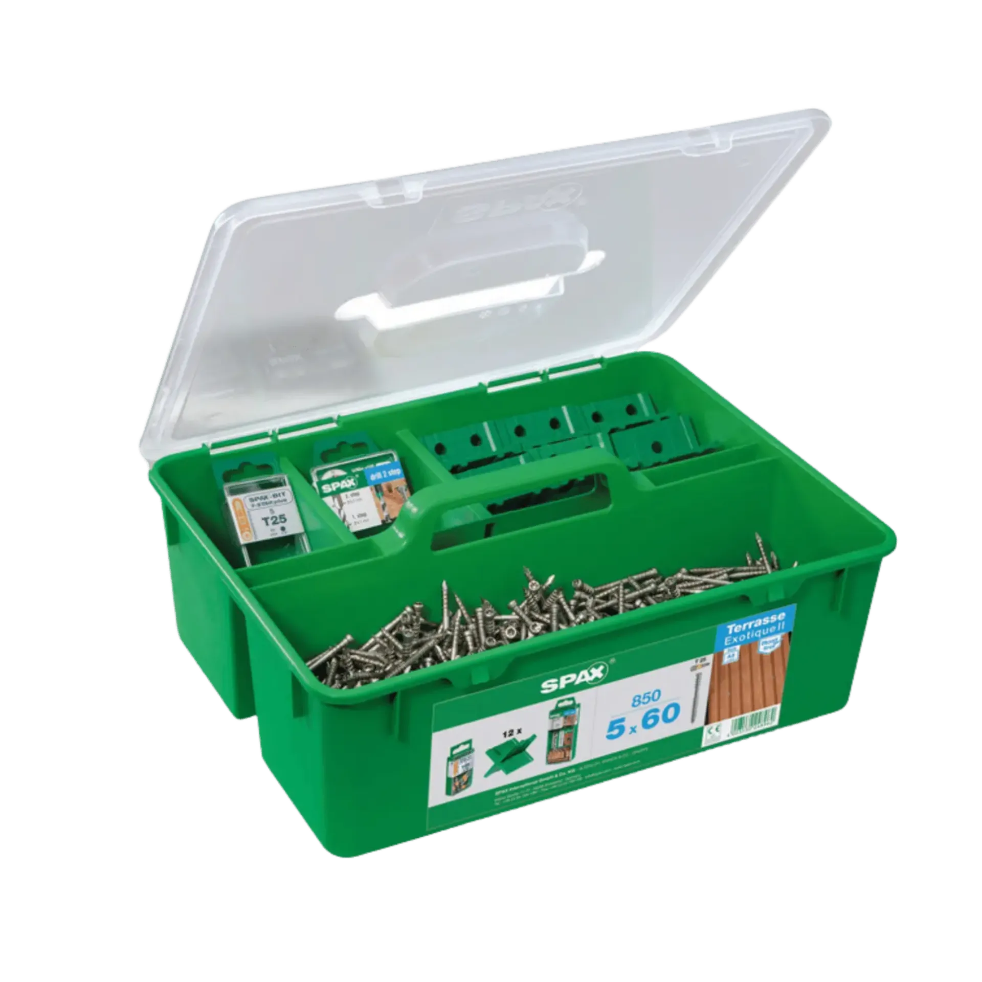 Green box terras set 850st 5,0x60mm inox A2 12 spacer 5 bits 1 trapboor