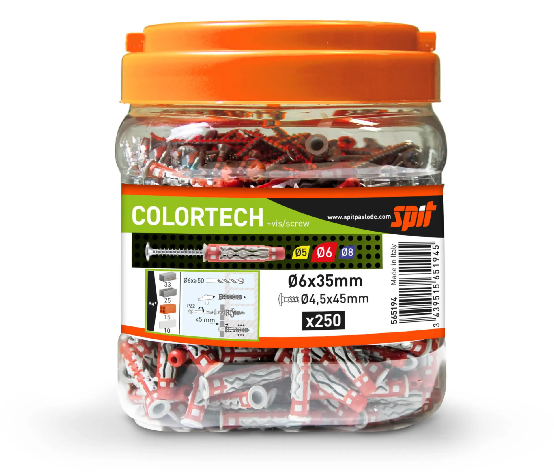 BIDON (250) CHEVILLE UNIVERSEL COLORTECH Ø 6 X 35 MM AVEC VIS