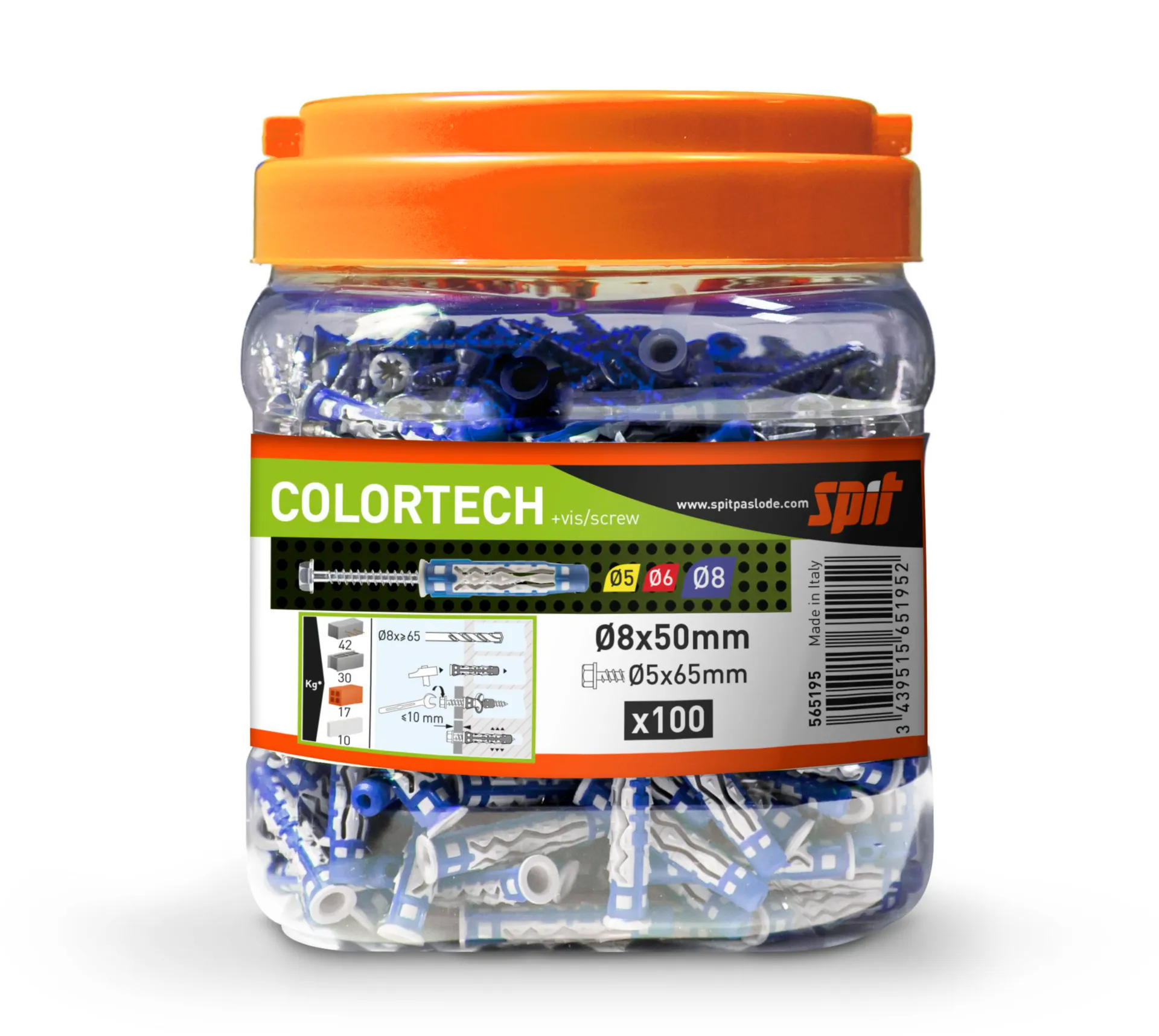 BIDON (100) CHEVILLE UNIVERSEL COLORTECH Ø 8 X 50 MM AVEC VIS