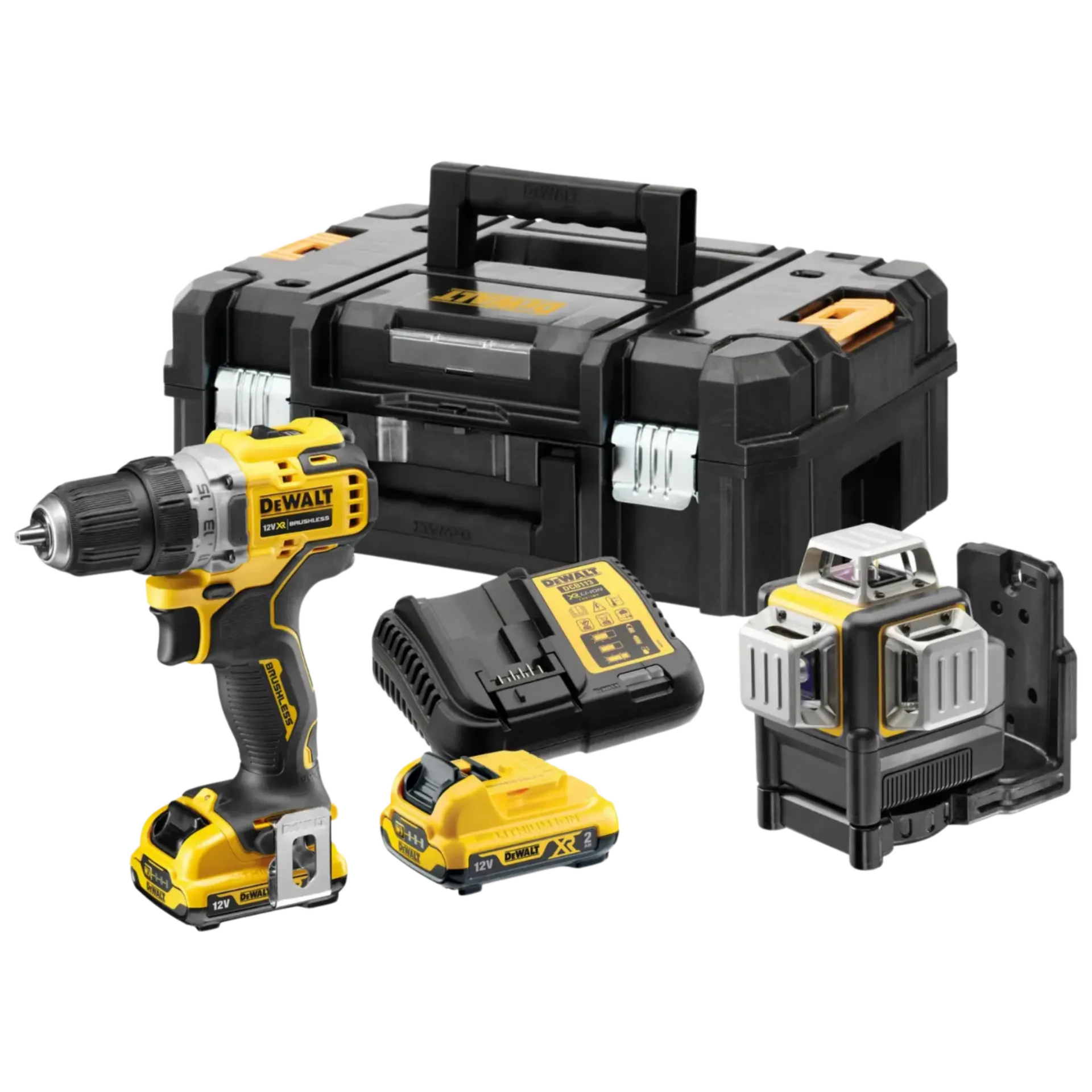 Kruislijnlaser DCE089D1G (12V - 2 x 2Ah Li-ion) + Schroefmachine DCD701 Kruislijnlaser DCE089D1G (12V - 2 x 2Ah Li-ion) + Schroefmachine DCD701