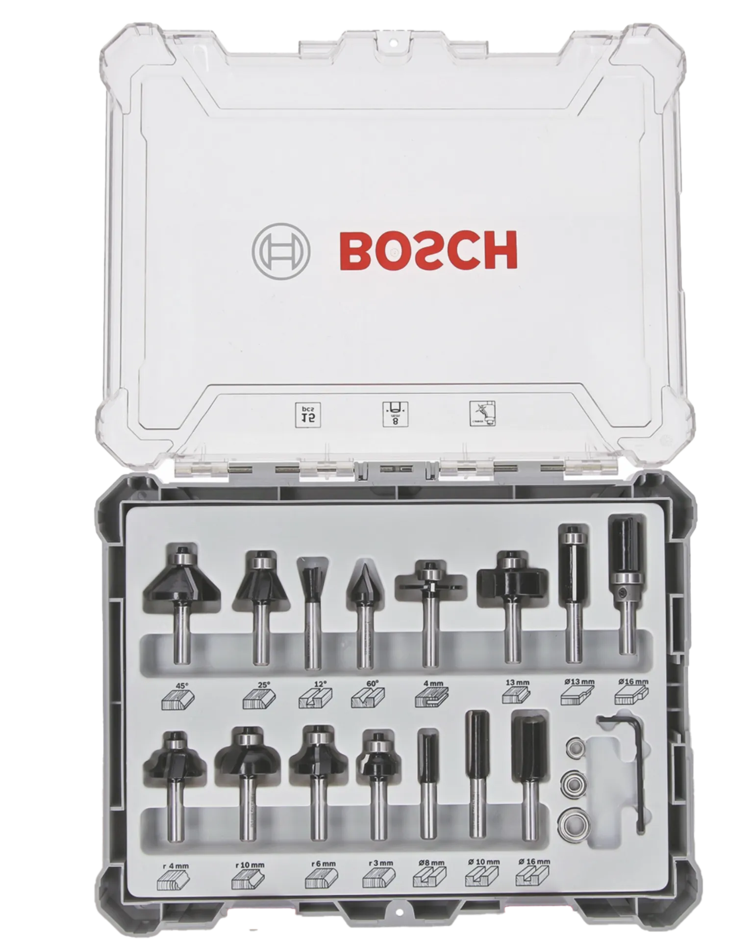 Set de 15 fraises mixtes, queue de 8mm Set de 15 fraises mixtes, queue de 8mm