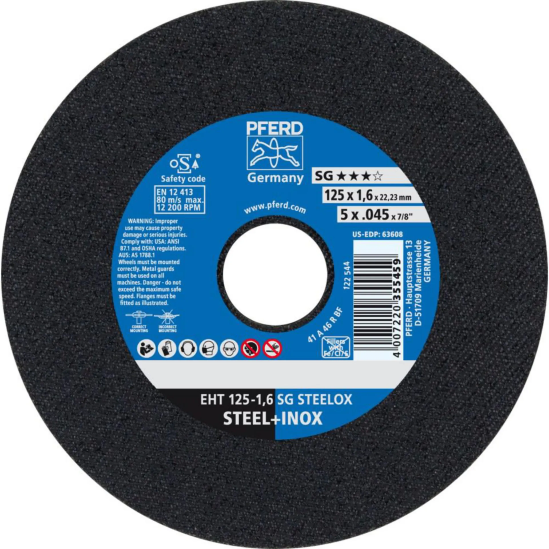 Pferd 61341122 Disque à tronçonner EHT 125-1,6 SG Steelox (Ø 125 mm, 1,6 mm)