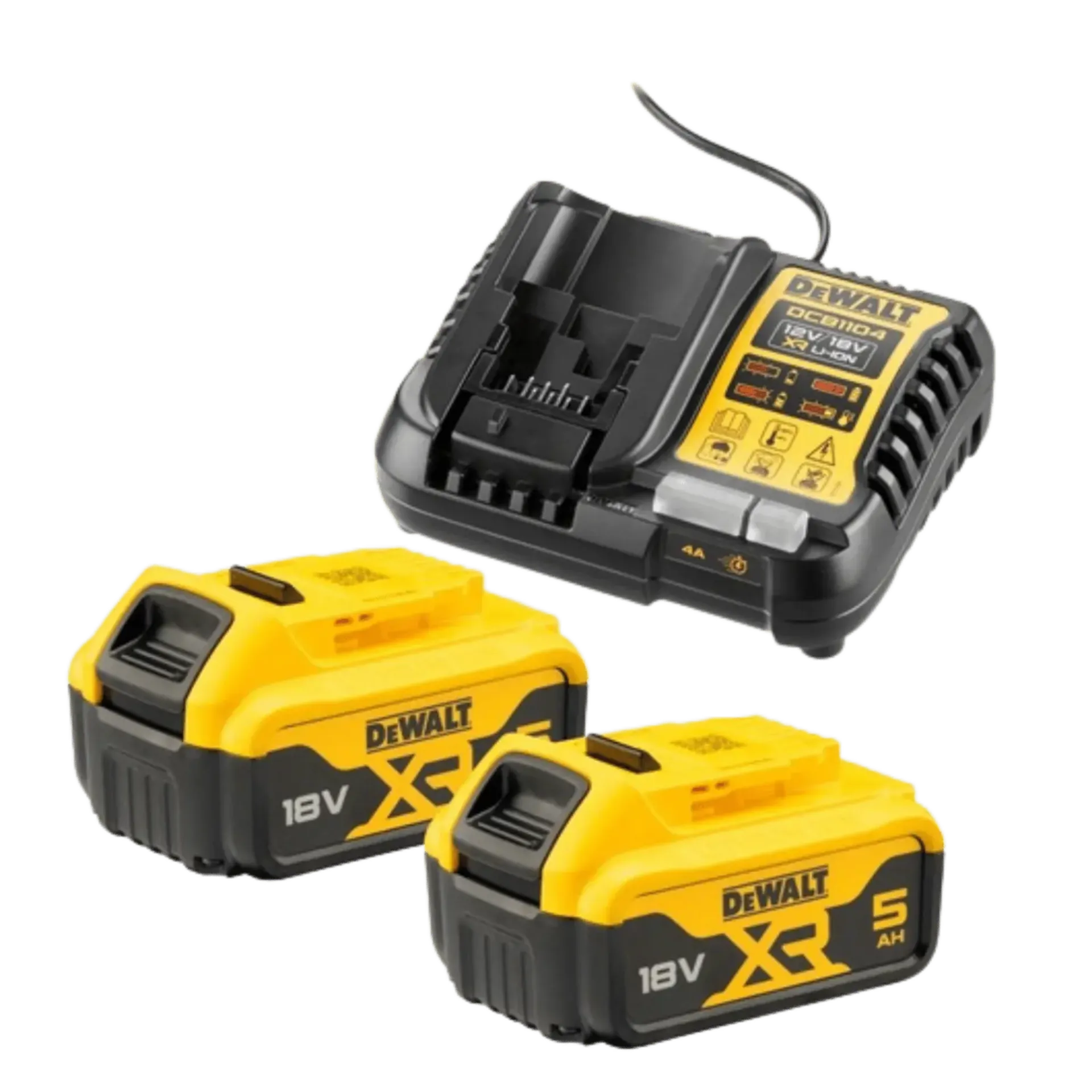 Set batterijen 18V DCB1104P2: 2 x 5.0 Ah accu’s + lader Set batterijen 18V DCB1104P2: 2 x 5.0 Ah accu’s + lader