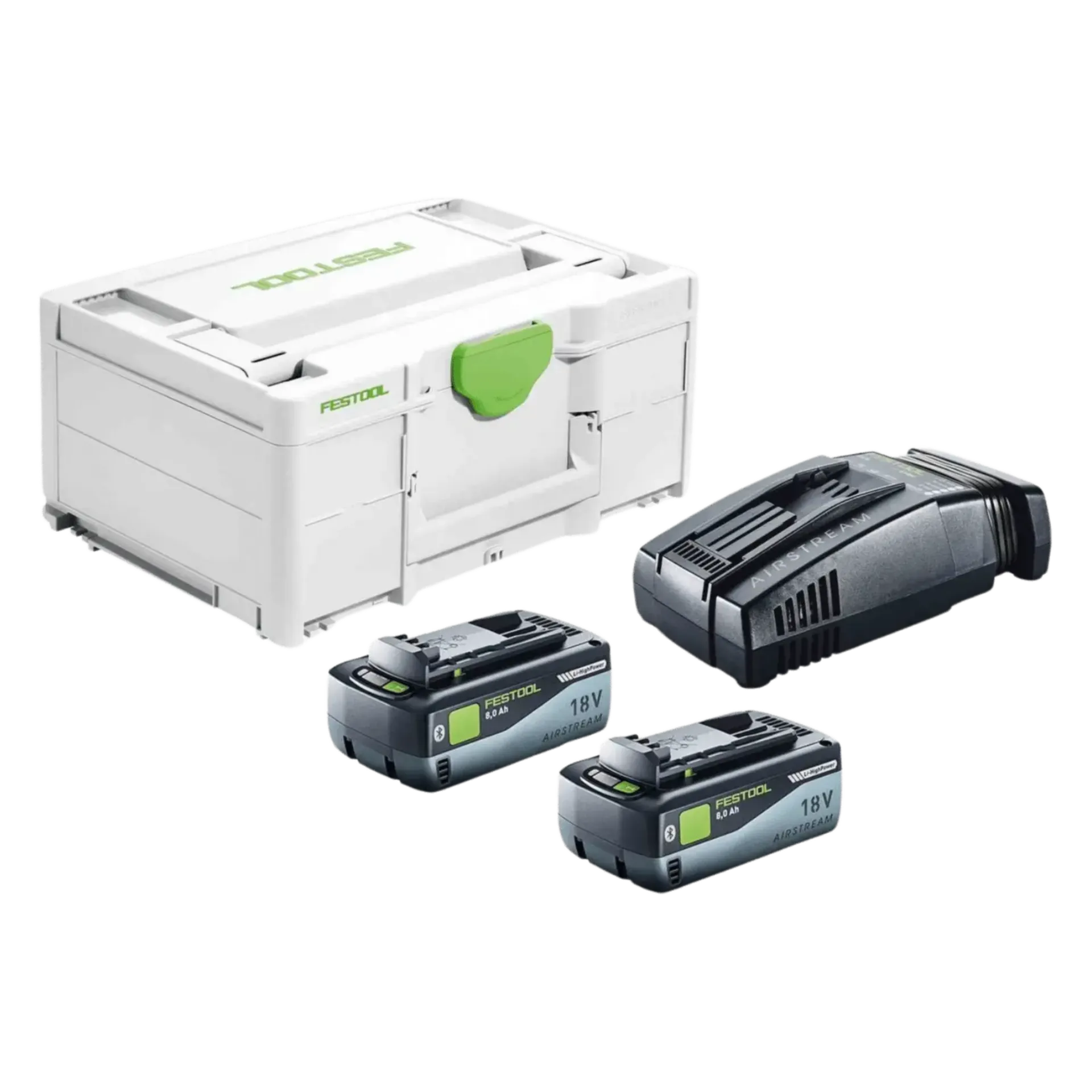 Set batterijen 18V: 2 x 8 Ah Li-ion + lader Set batterijen 18V: 2 x 8 Ah Li-ion + lader