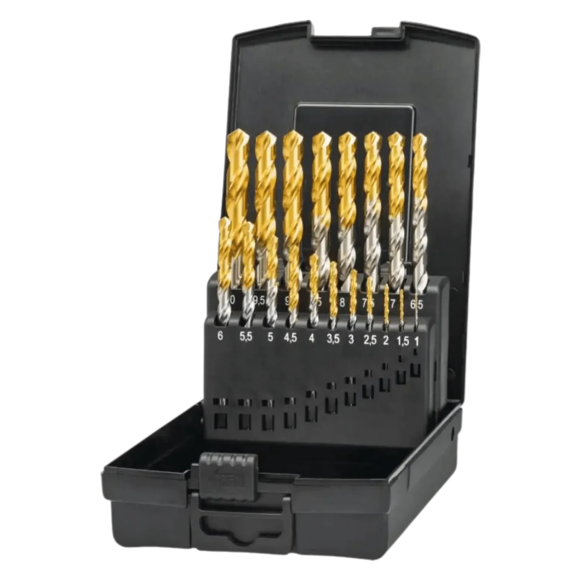 Coffret (19) forets métalliques inox 1-10 mm x 0.5 mm HSS-E DIN 338 Tin-Tip 11.446
