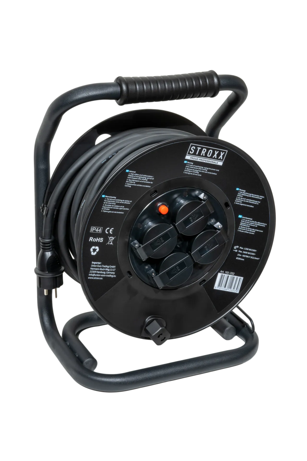 Kabelhaspel 25 m H07RN-F 3G2,5 (IP44, 4 stopcontacten, 2,5 mm²)