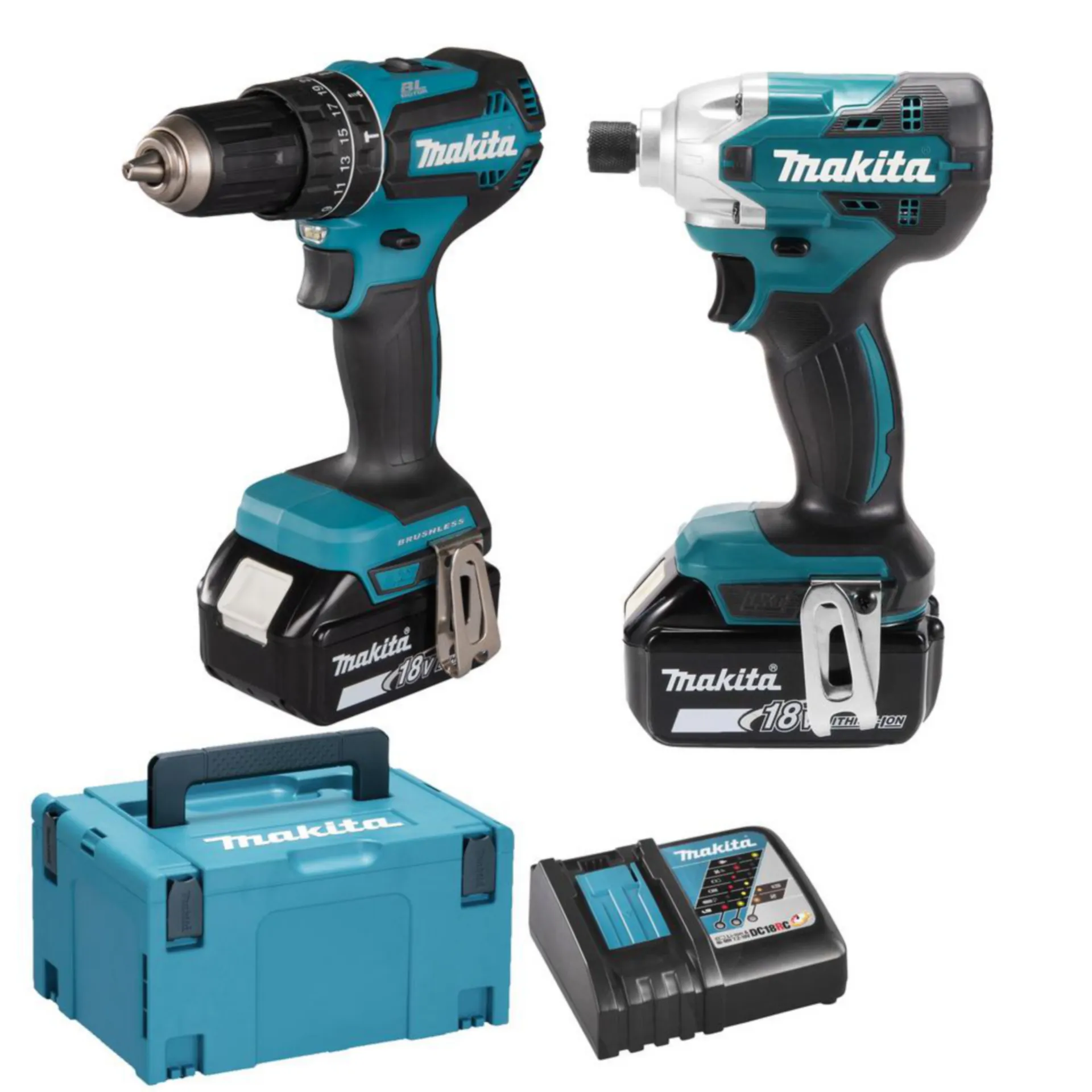 MAKITA Accu 2-pack DHP485Z + DTD156Z + 2xBL1830B + DC18RC + Makpac