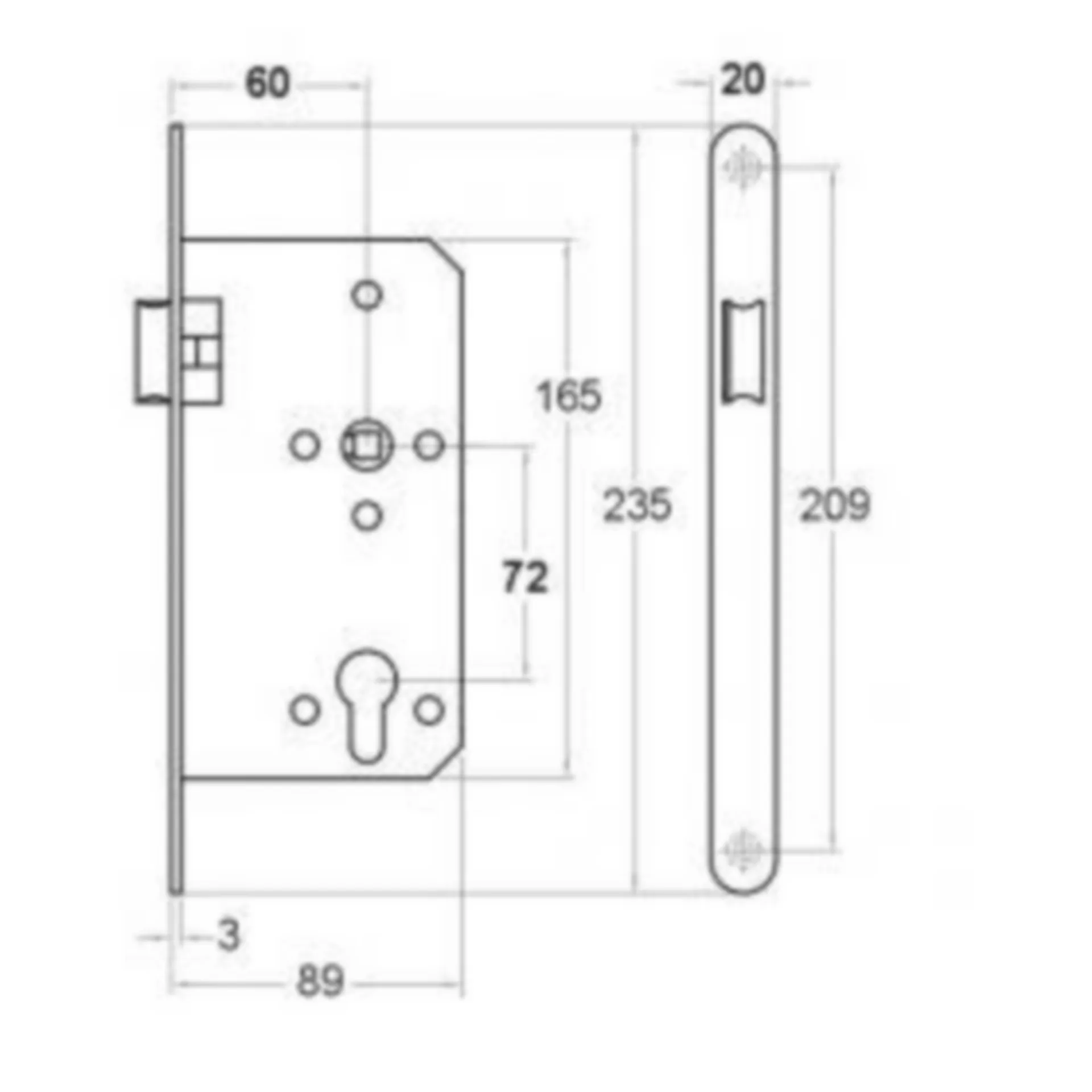 Artitec 9520 serrure à larder magnétique (entrée 60 mm, têtière inox arrondie 20 mm)