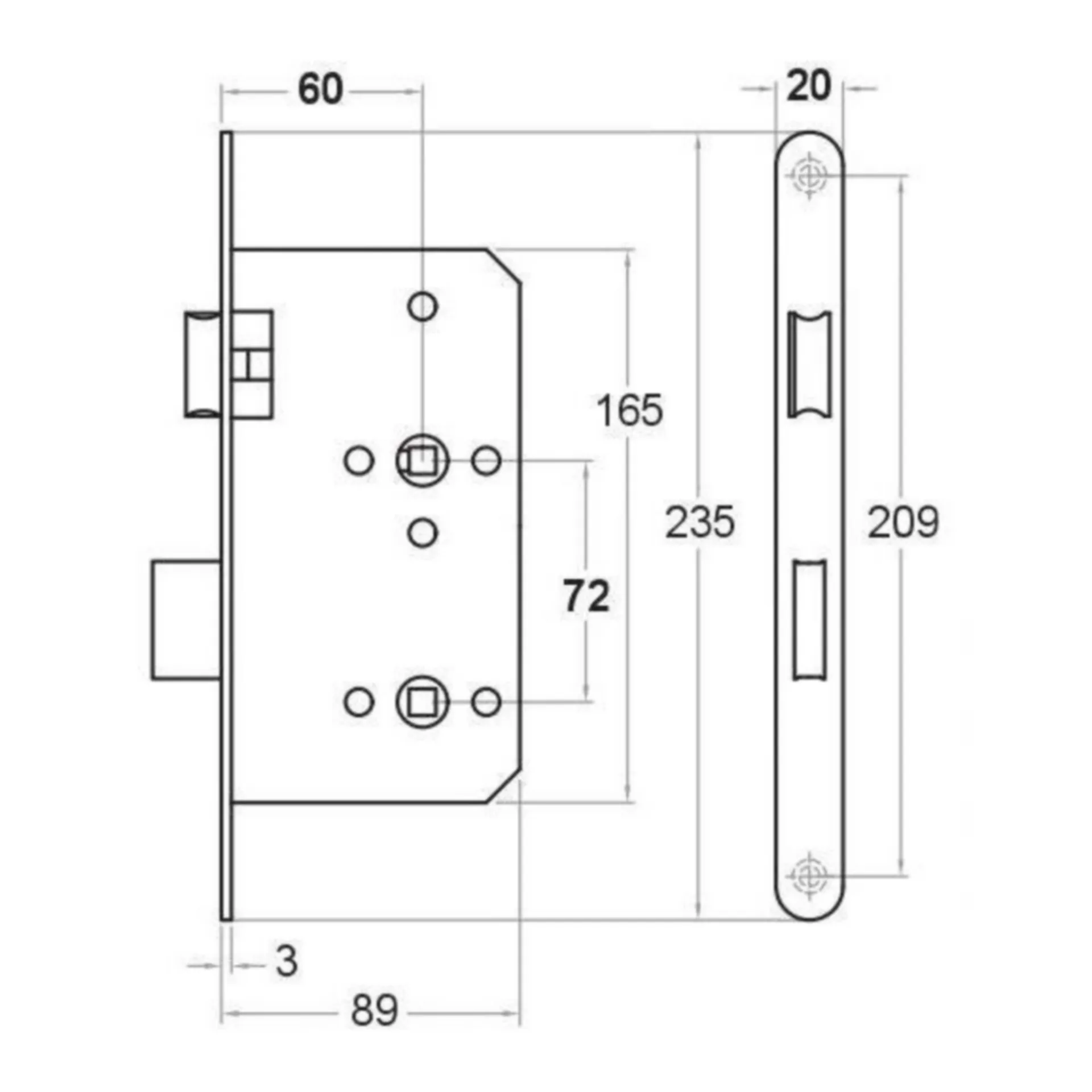 Artitec 9520 serrure WC magnétique (entraxe 72 mm, têtière inox arrondie)