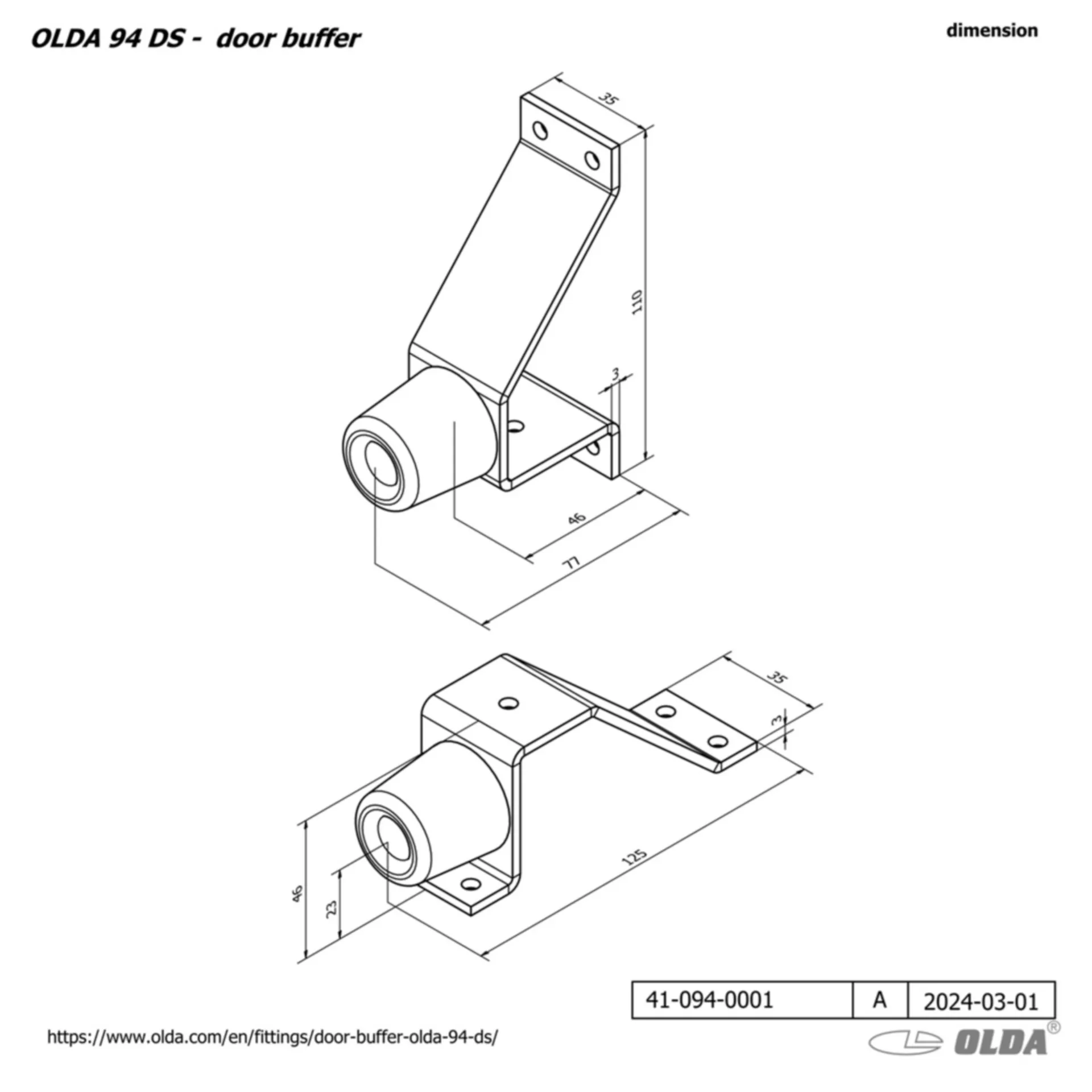 Arrêt de porte OLDA 94 DS WT montage sol/mur acier blanc RAL9010
