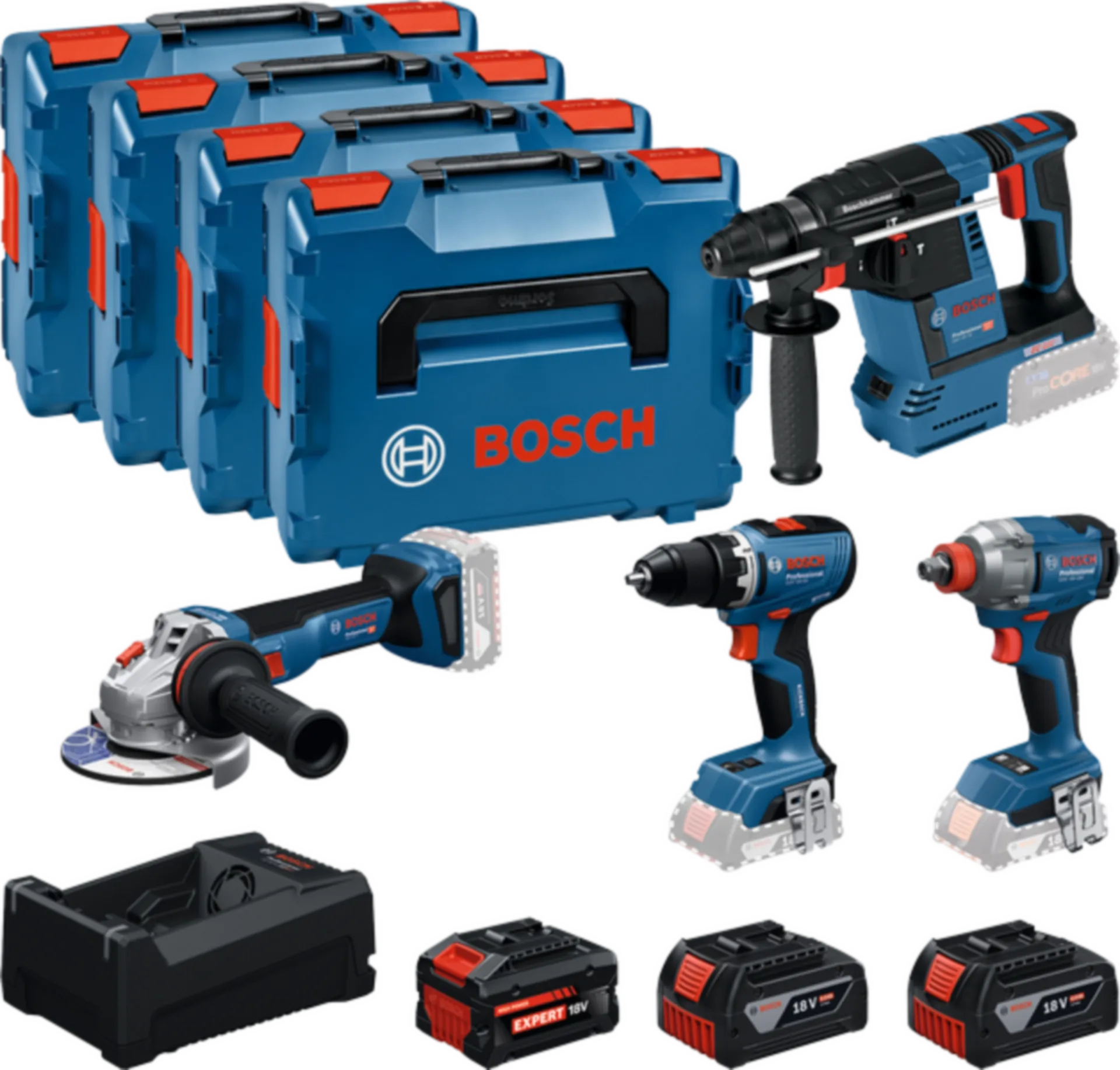 GSR/GDX/GBH/GWS Combiset 4 accumachines 18V (2 x 5.0Ah + 1 x 5.5Ah Incl. Lader)