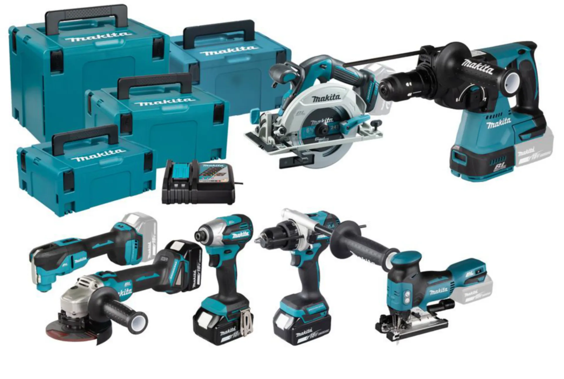 18 V accu-machineset met 7 borstelloze machines, 3 accu's en koffers