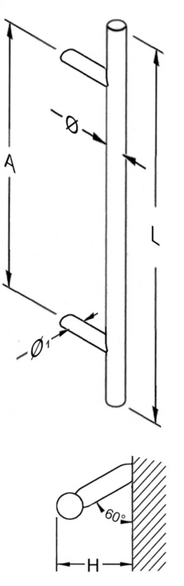 HANDGREEP T-VORM Ø26MM VERLENGDE SCHUINE STEUNEN A= 300MM B= 500MM 'S' - INOX